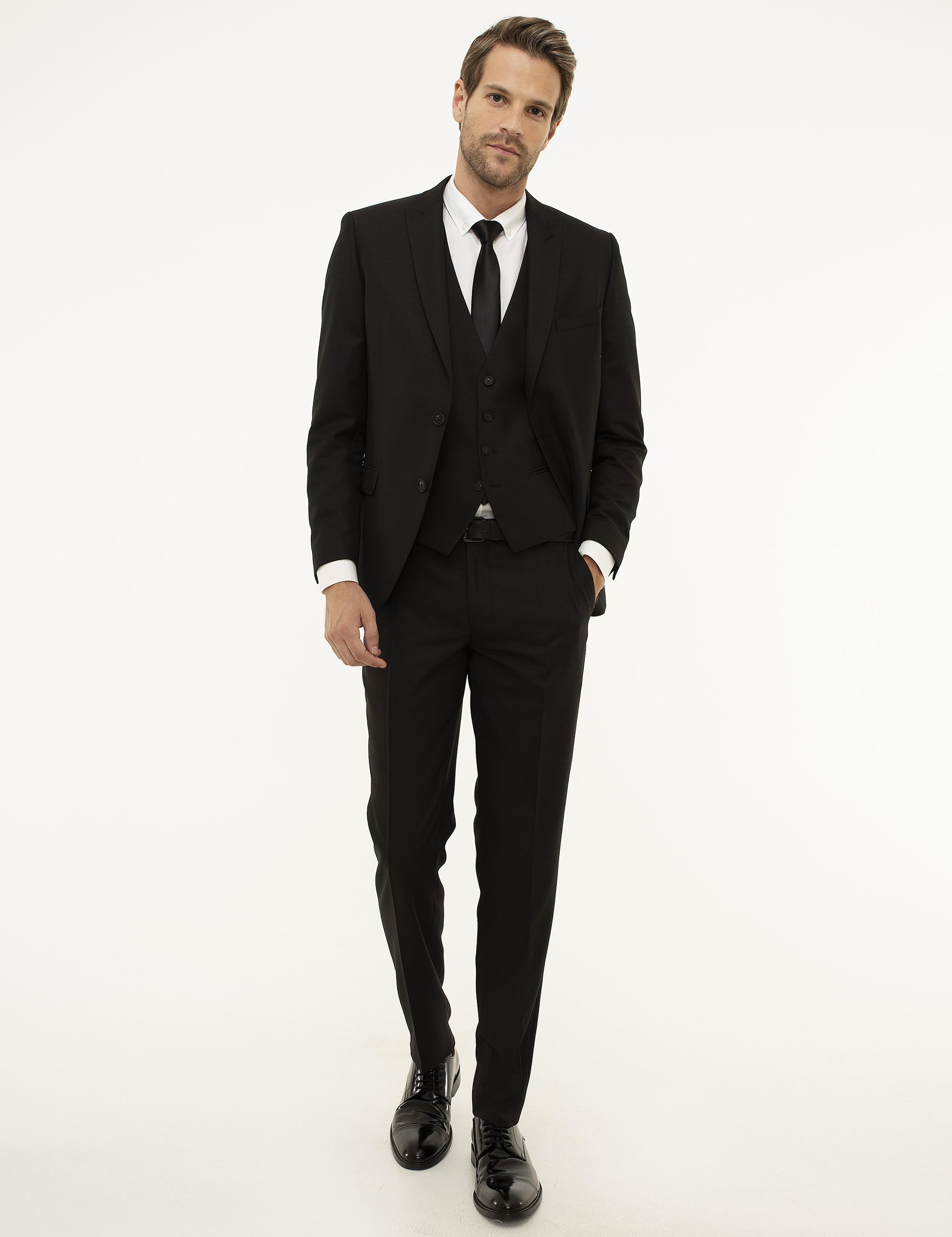 Siyah Ekstra Slim Fit Yelekli Takım Elbise