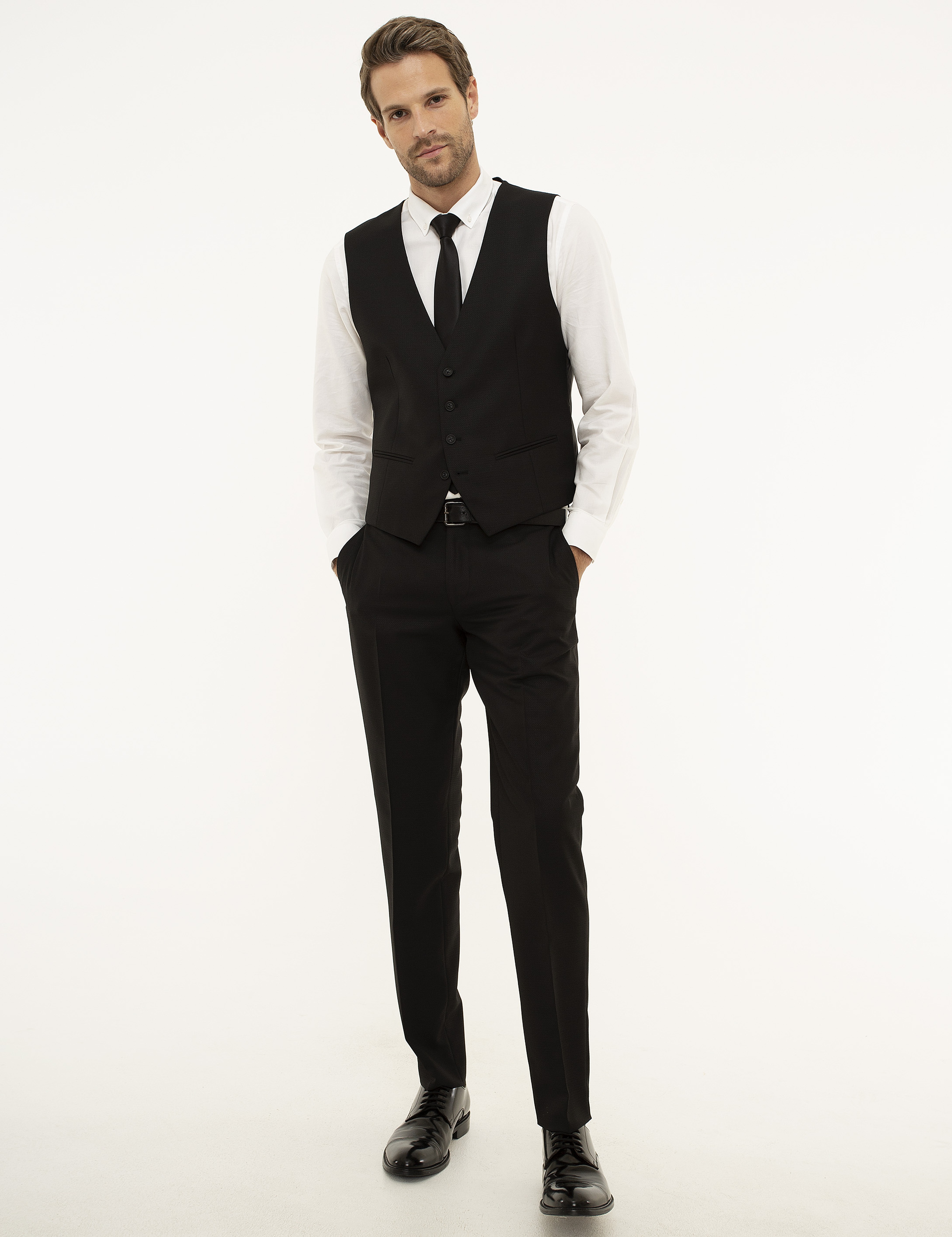 Siyah Ekstra Slim Fit Yelekli Takım Elbise - Image 5