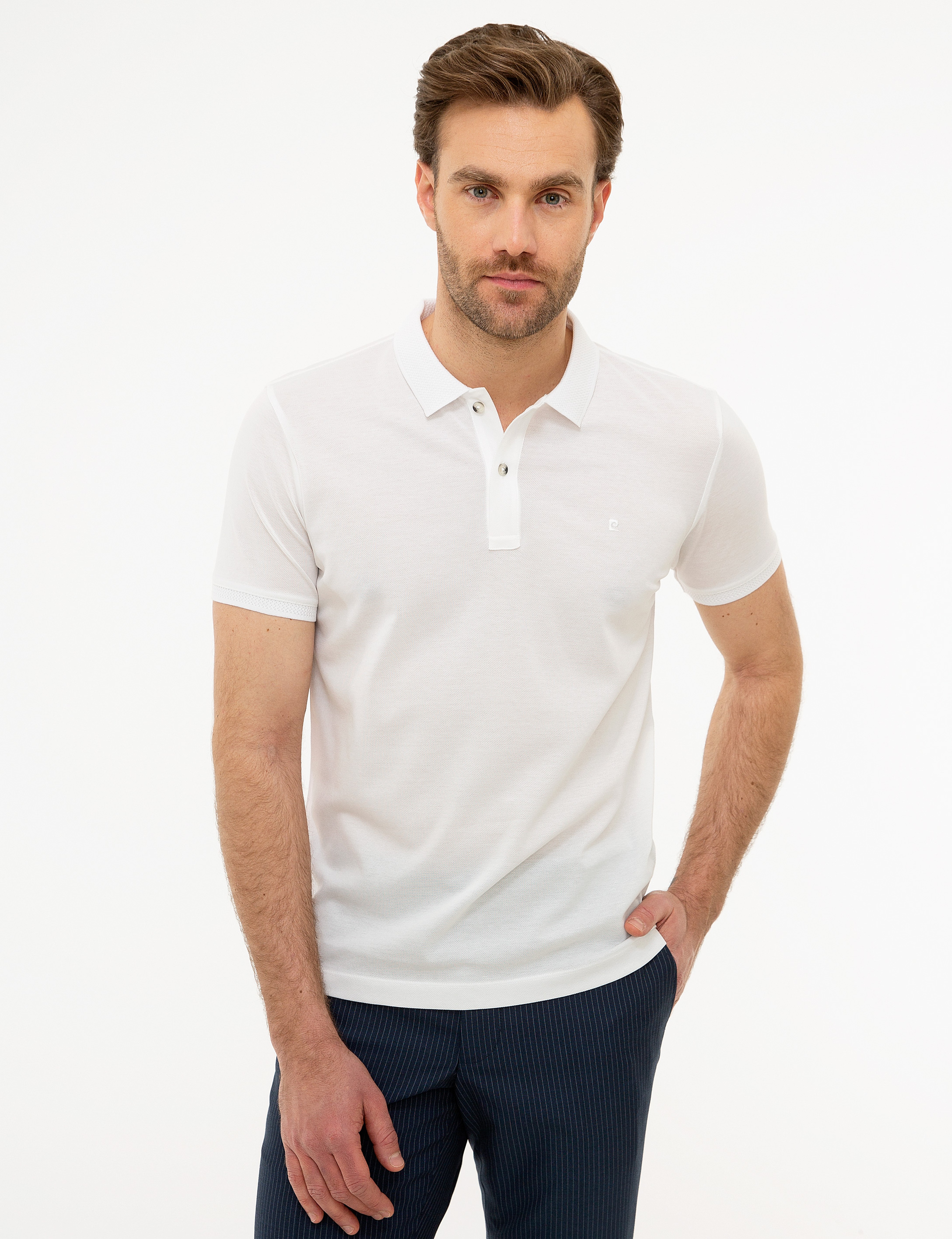 Beyaz Slim Fit Basic Polo Yaka T-Shirt - Image 2