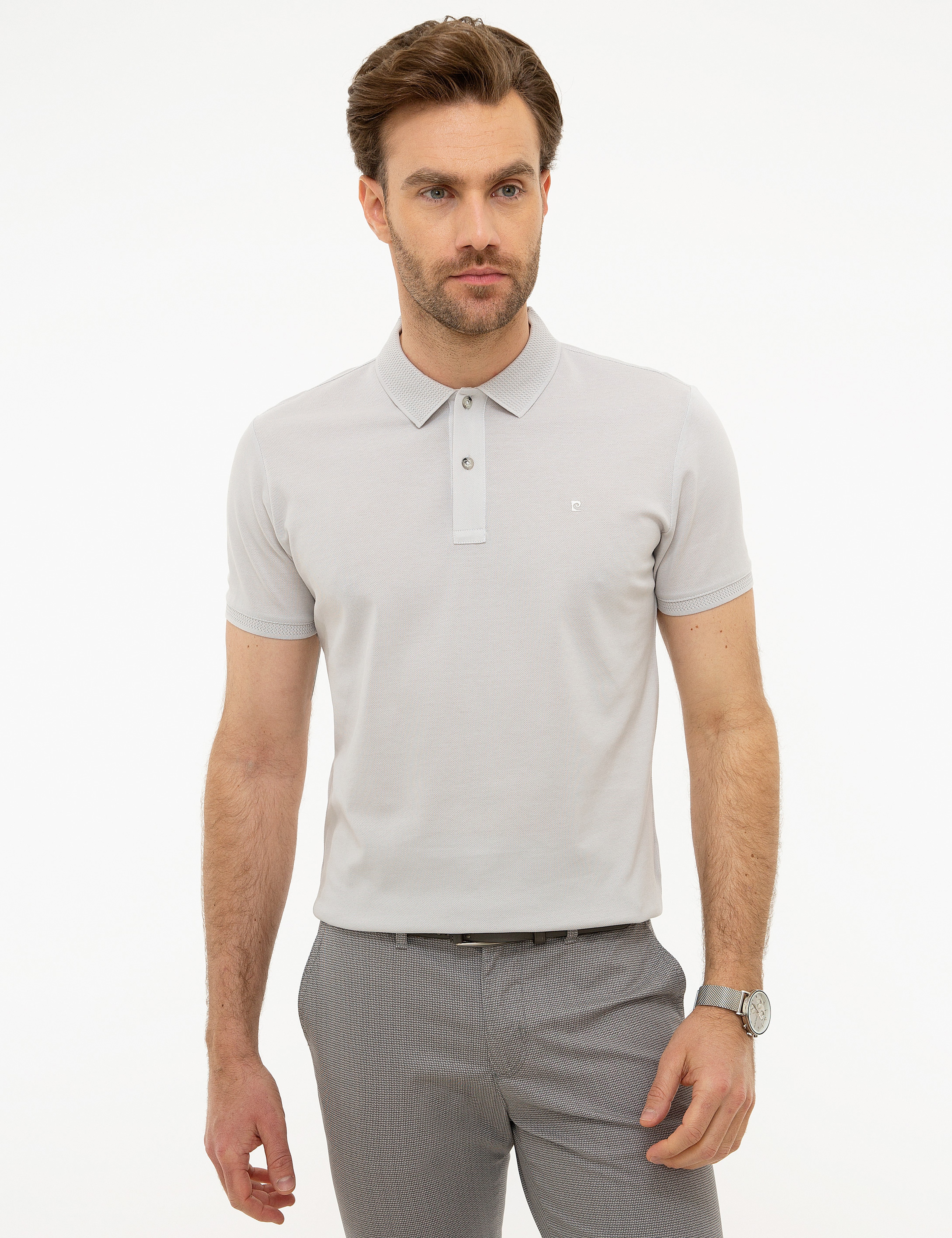 Açık Gri Slim Fit Basic Polo Yaka T-Shirt - Image 1