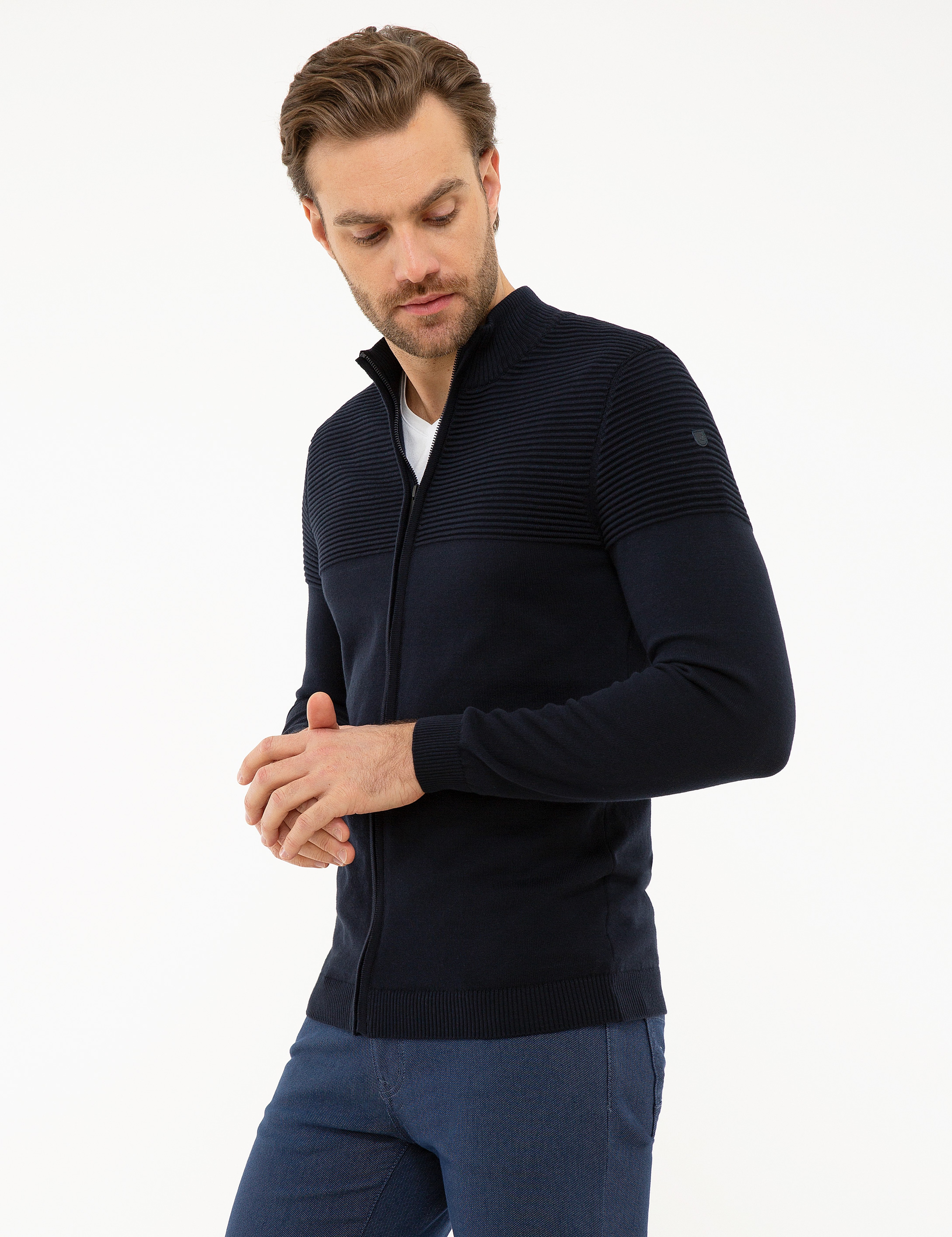 Koyu Lacivert Slim Fit Triko Hırka - Image 3