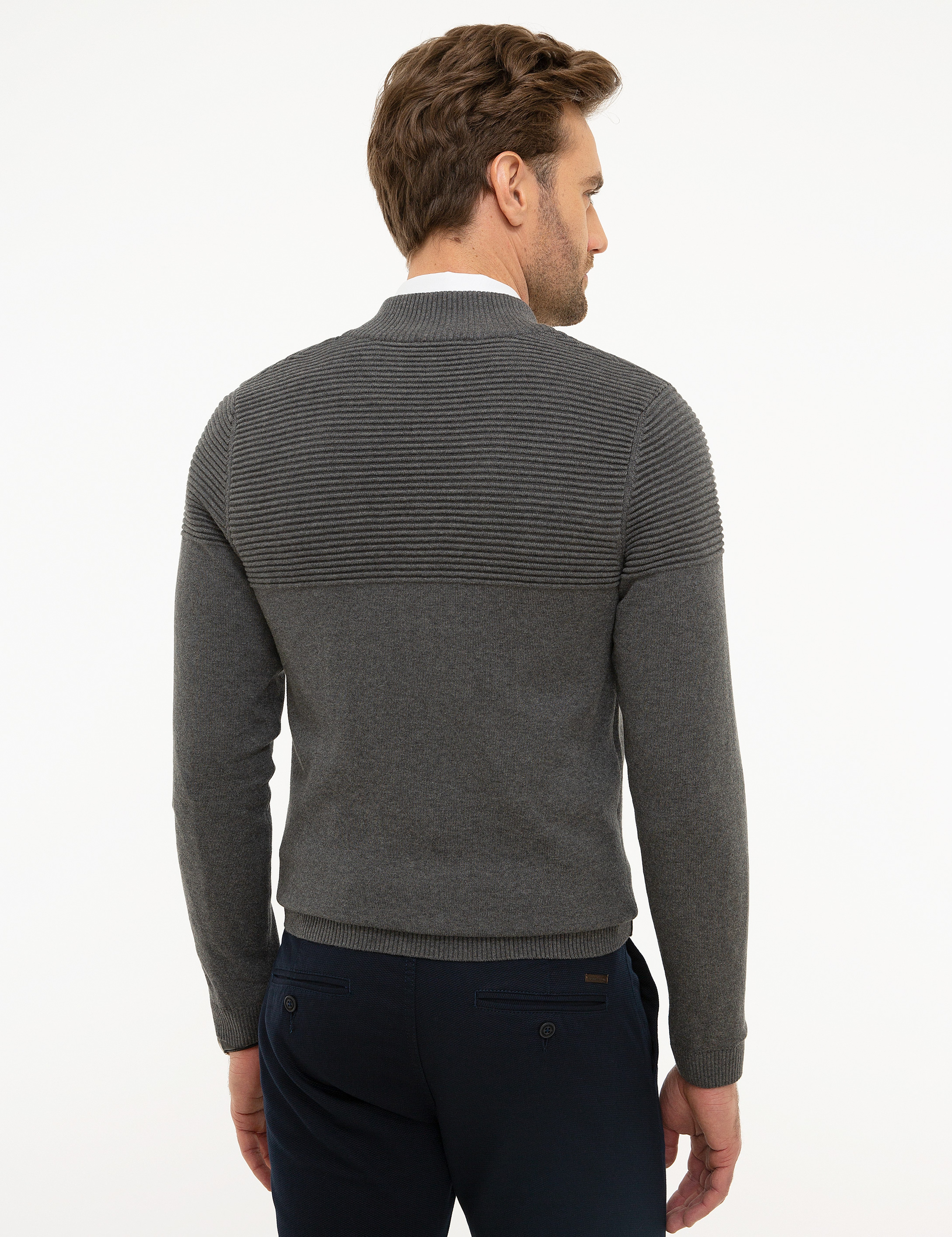 Gri Melanj Slim Fit Triko Hırka - Image 4