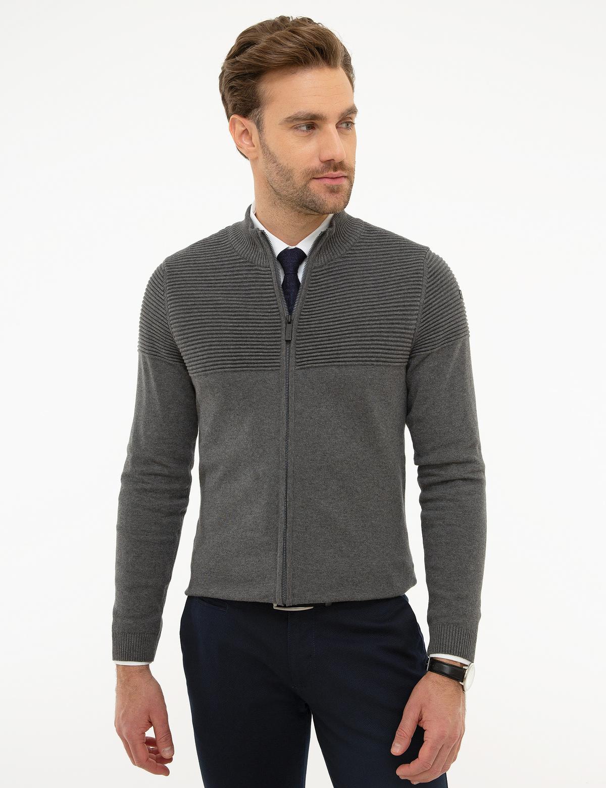 Gri Melanj Slim Fit Triko Hırka - 50218133027