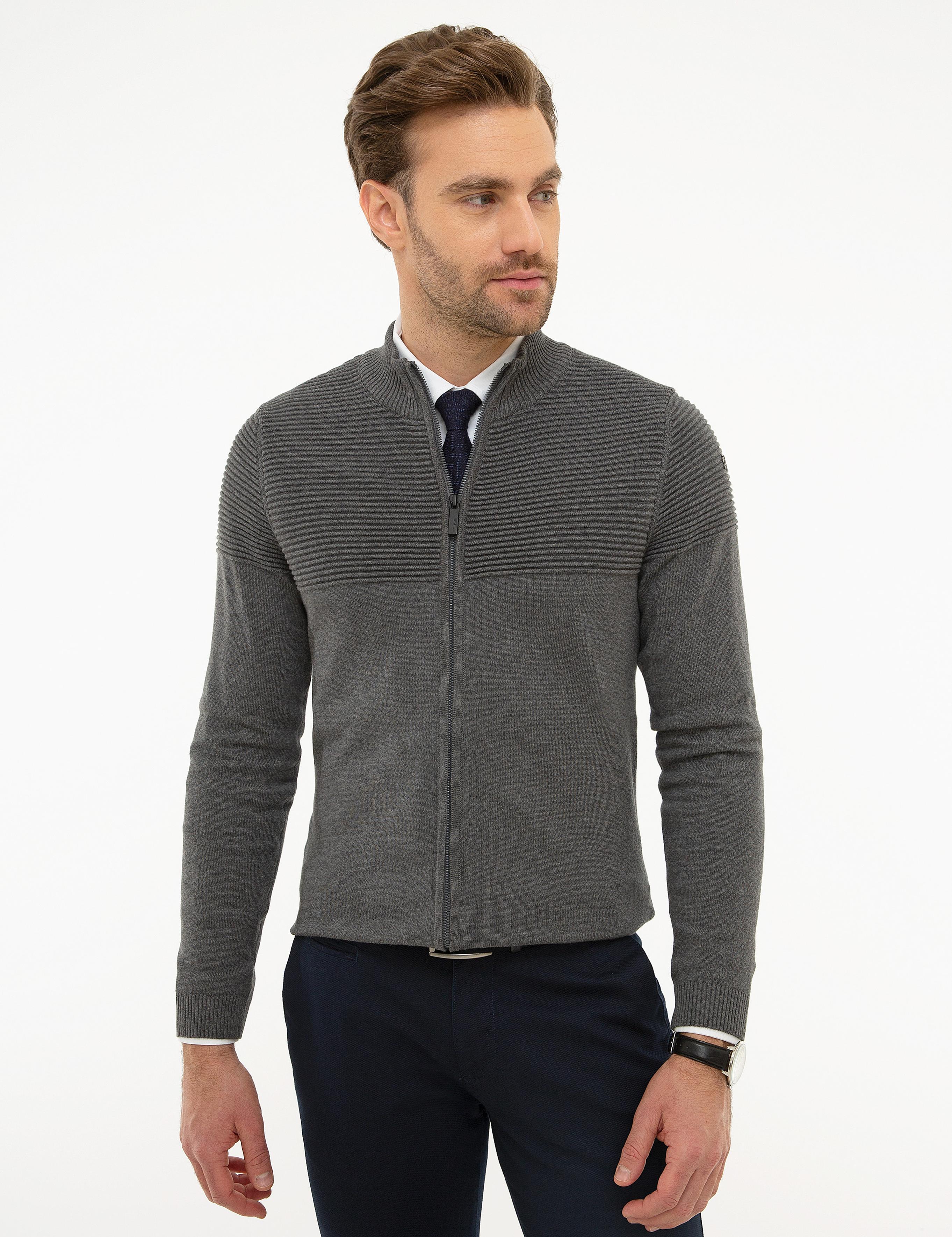 Gri Melanj Slim Fit Triko Hırka