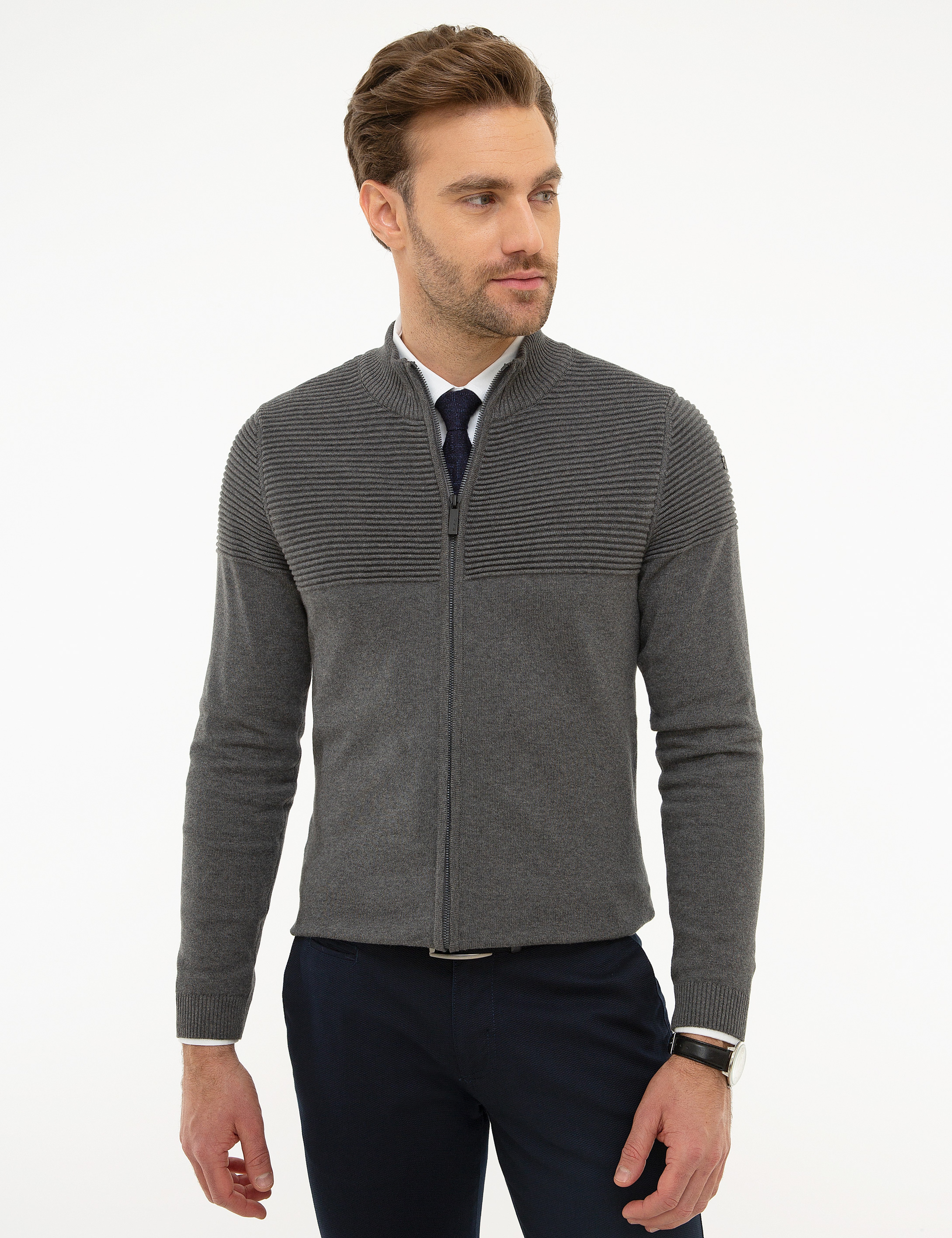 Gri Melanj Slim Fit Triko Hırka - Image 2