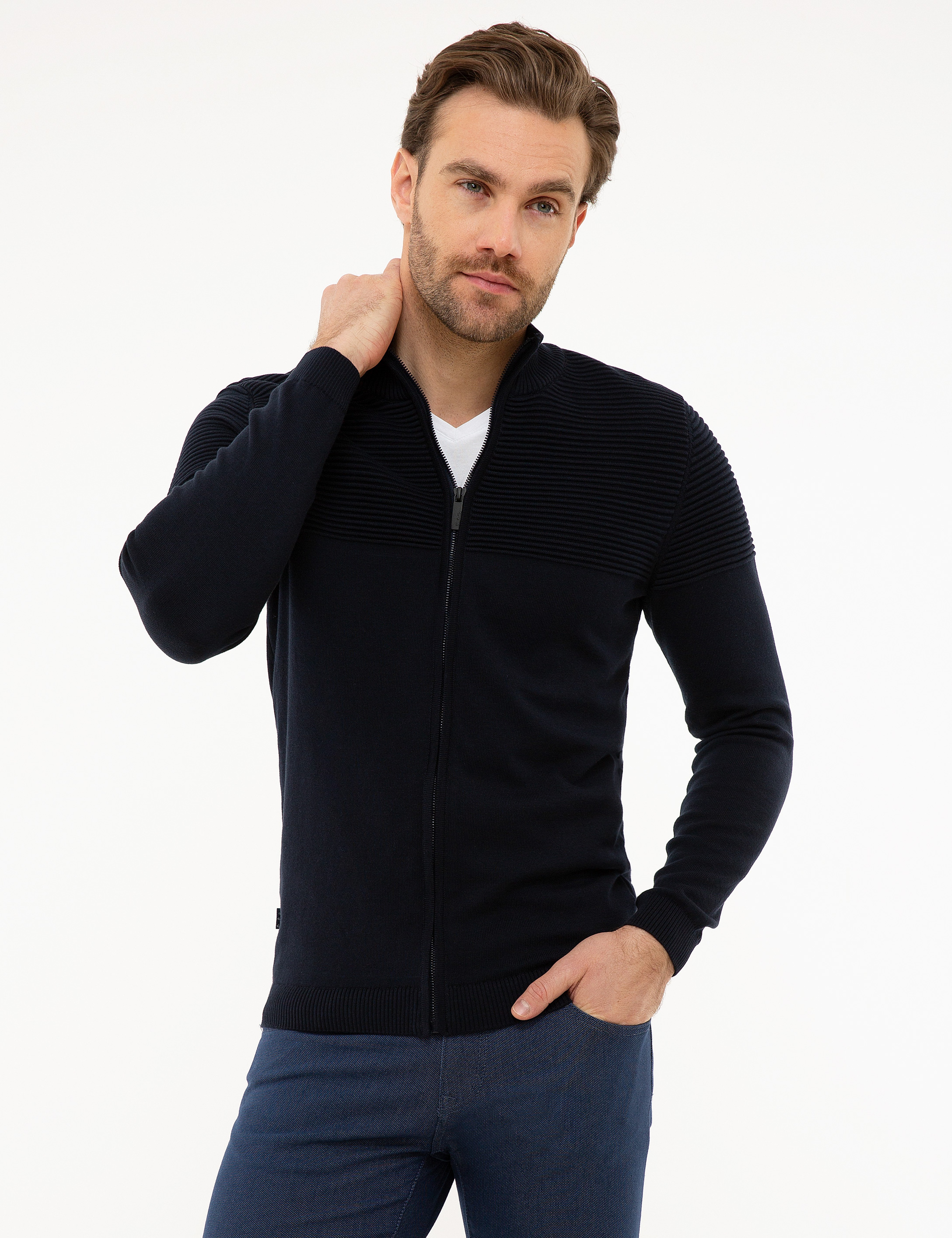 Koyu Lacivert Slim Fit Triko Hırka - Image 1