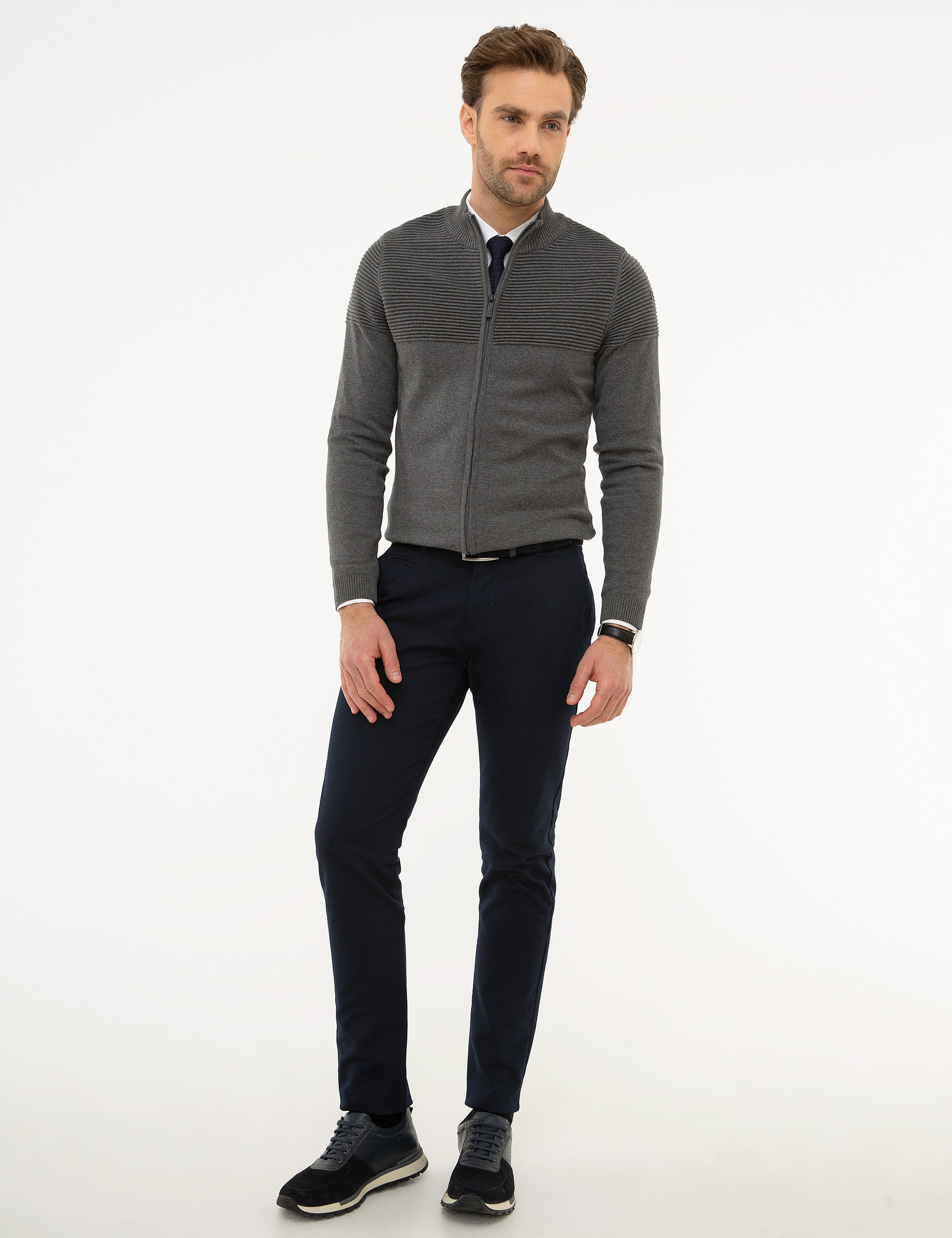 Gri Melanj Slim Fit Triko Hırka - Image 5