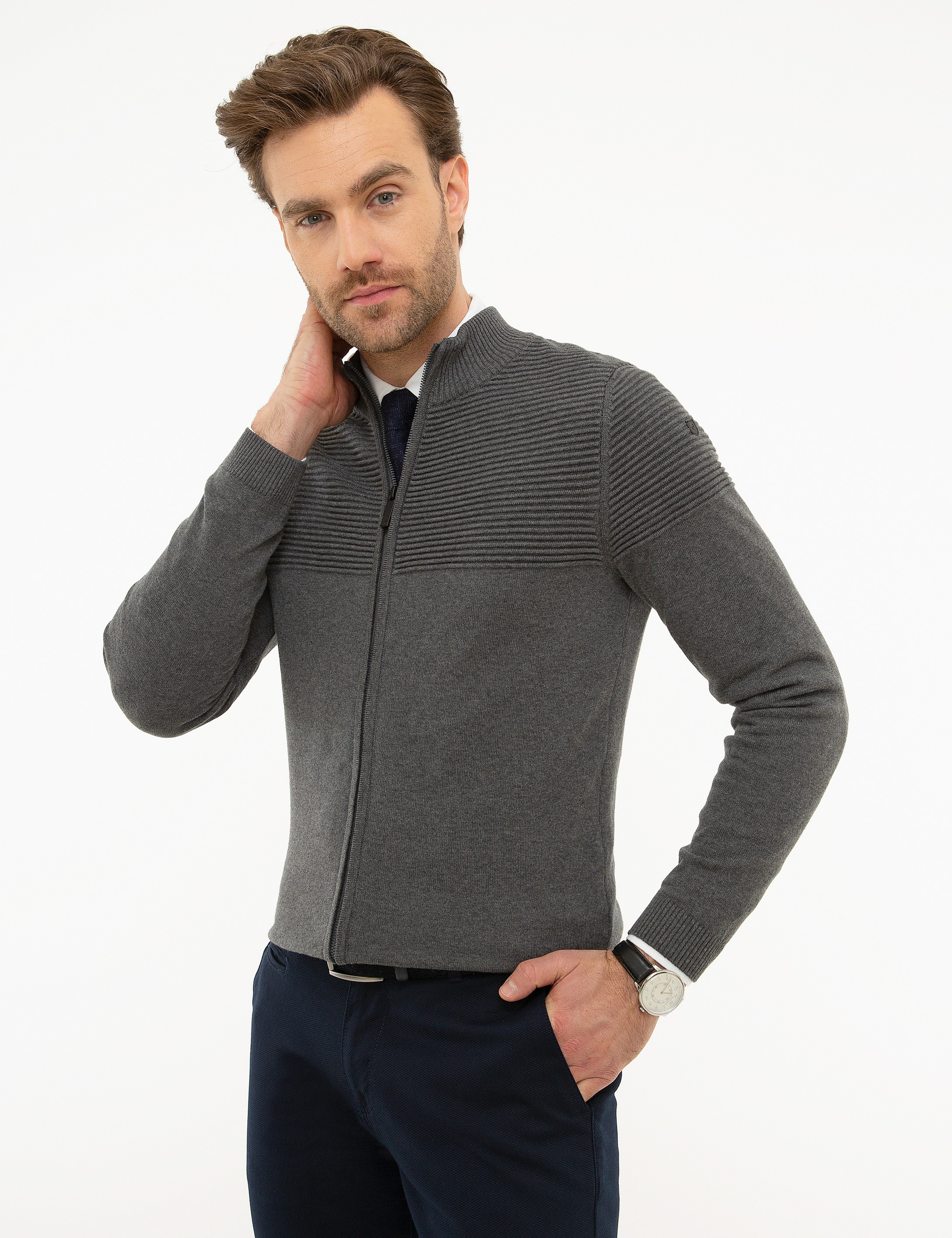Gri Melanj Slim Fit Triko Hırka - Image 3