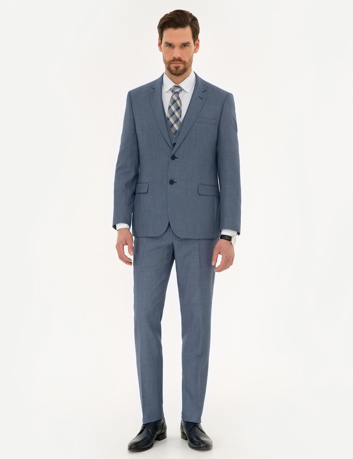 Koyu Mavi Slim Fit Yelekli Takım Elbise