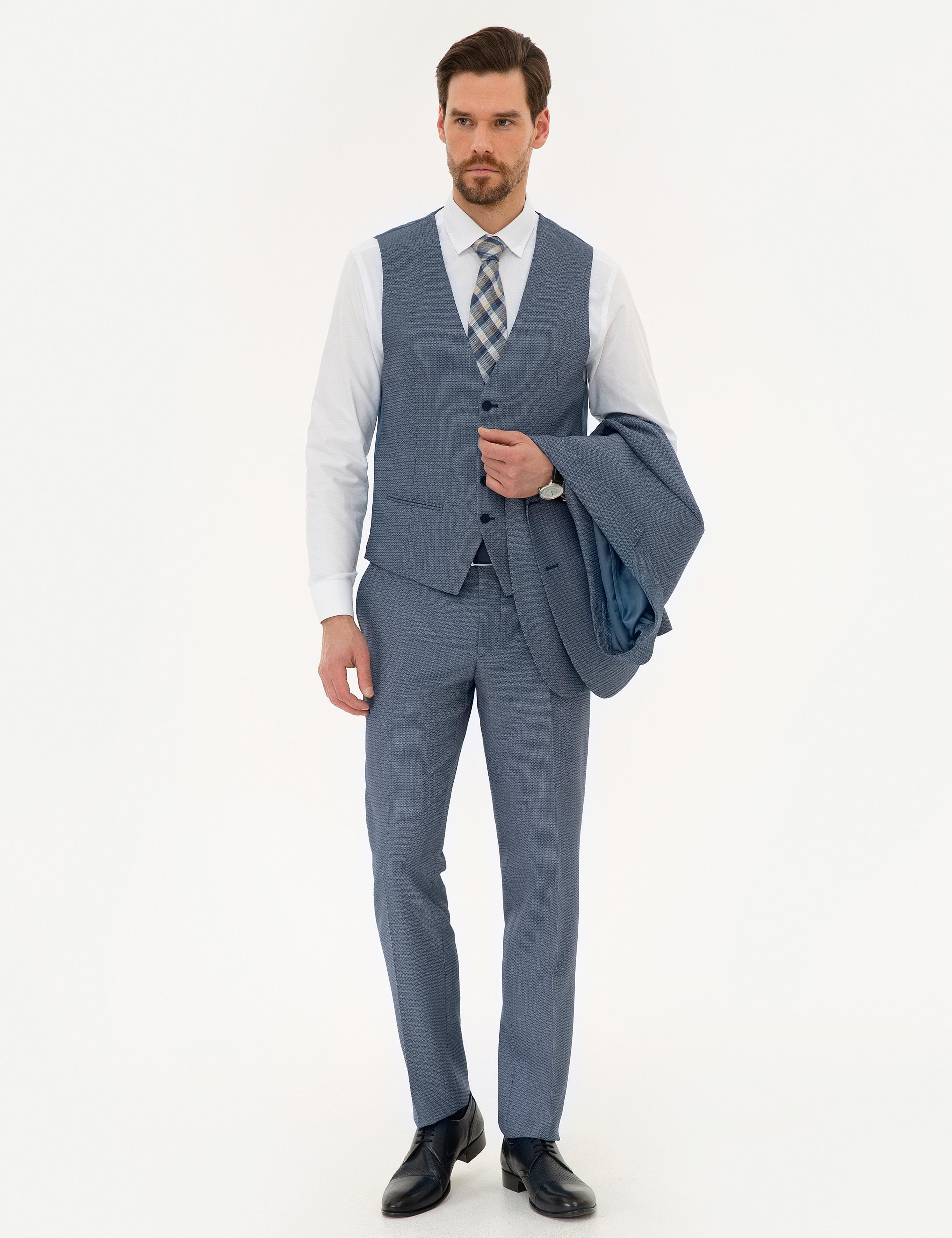 Koyu Mavi Slim Fit Yelekli Takım Elbise