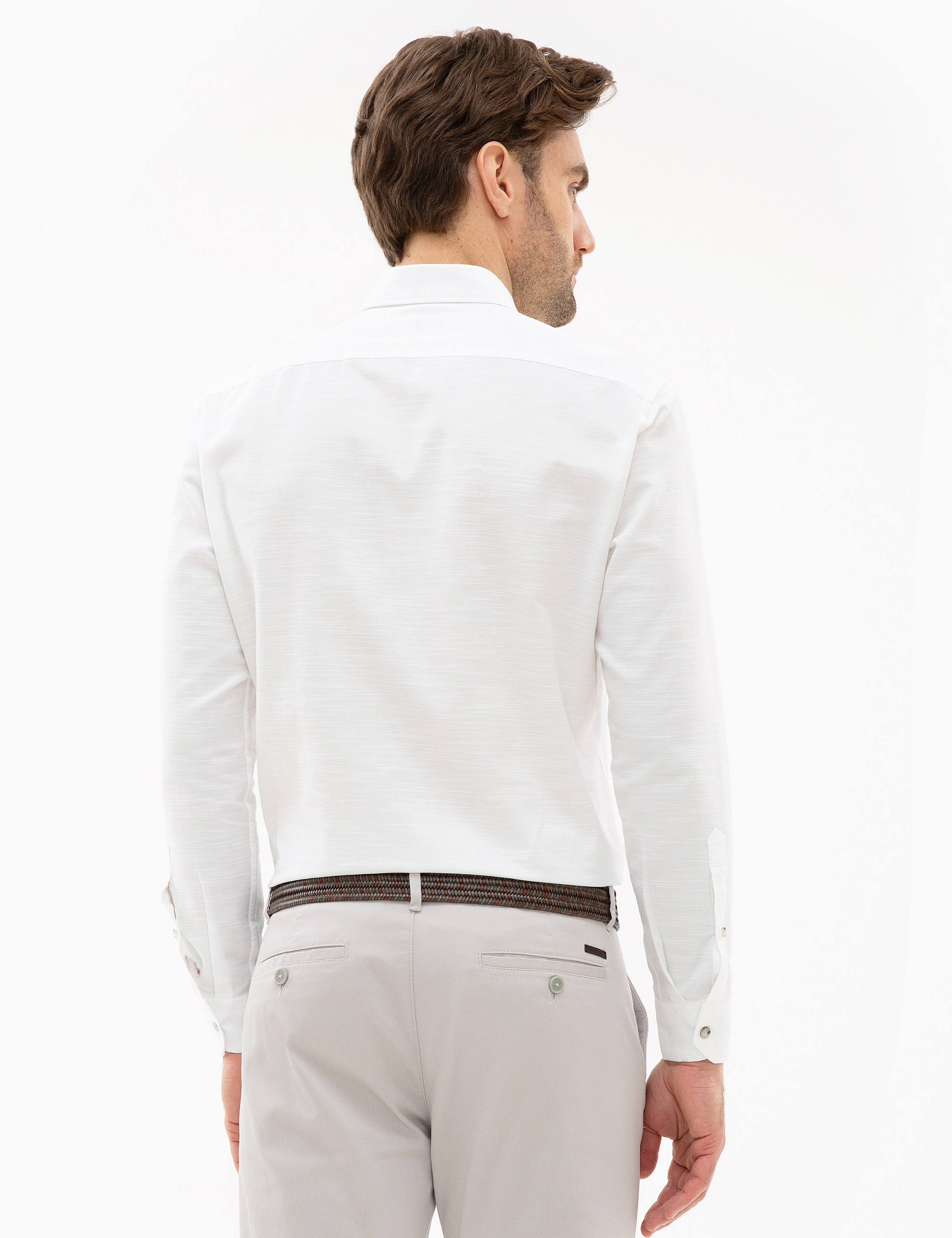 Beyaz Slim Fit Keten Karışımlı Gömlek - Image 3