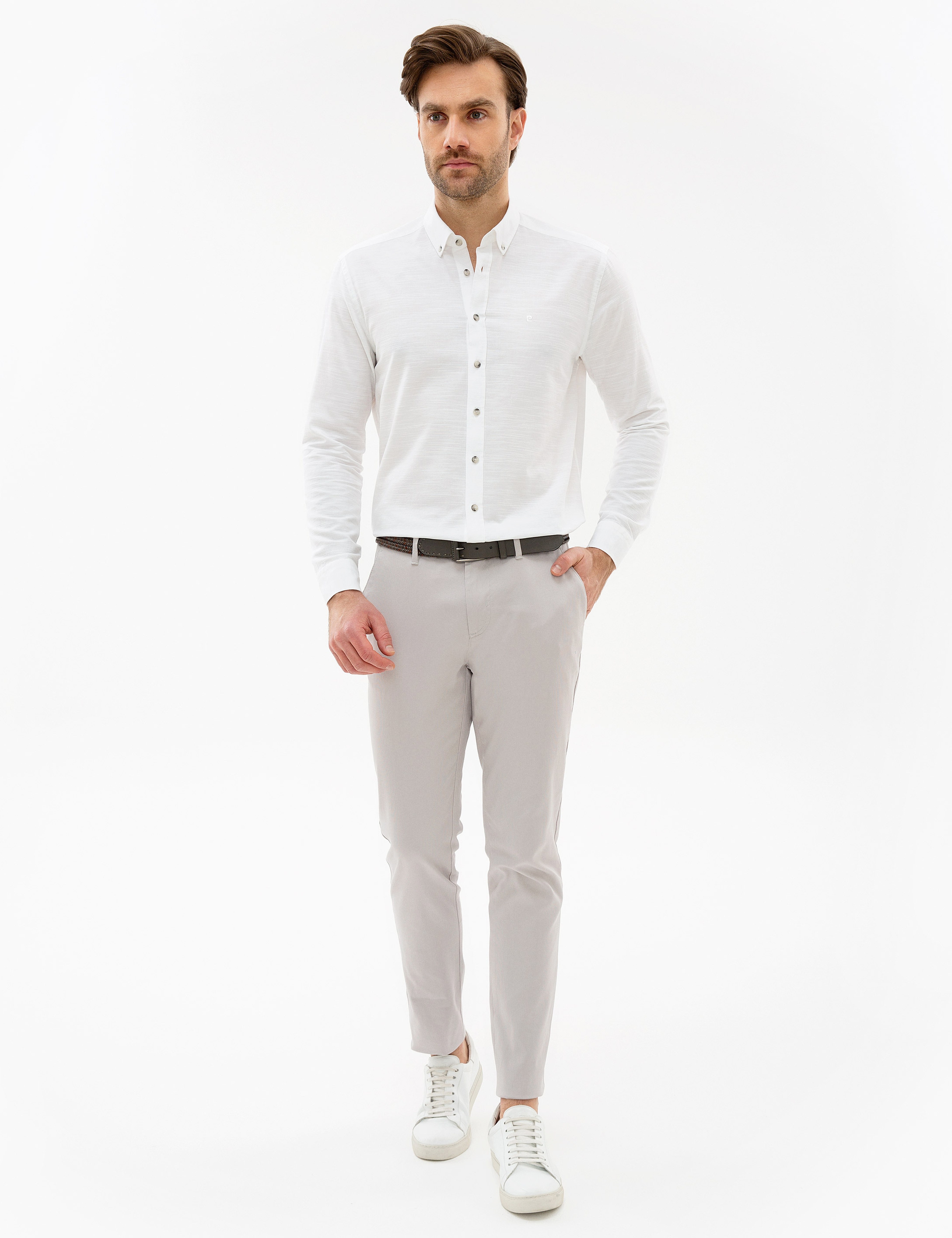 Beyaz Slim Fit Keten Karışımlı Gömlek