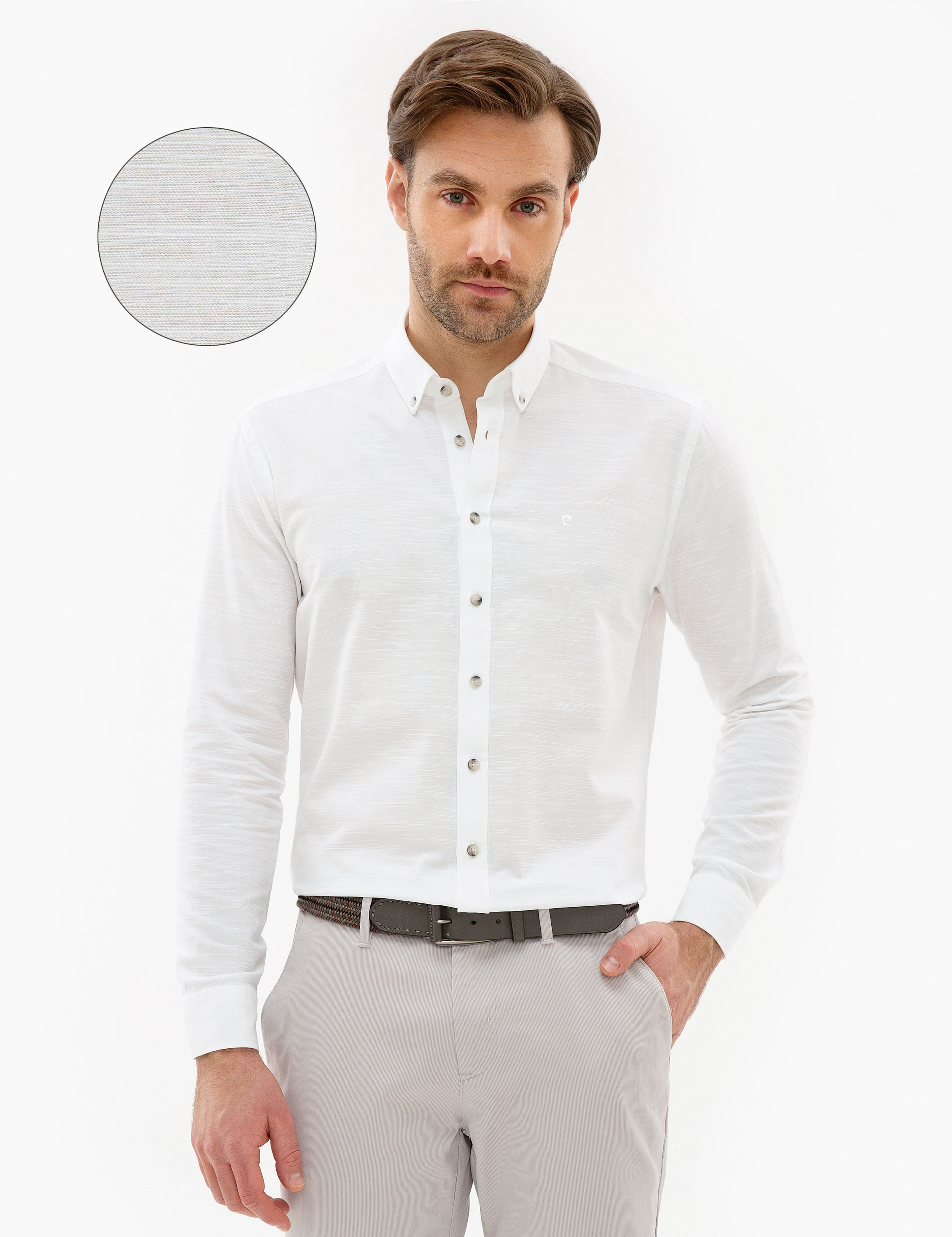 Beyaz Slim Fit Keten Karışımlı Gömlek - Image 1