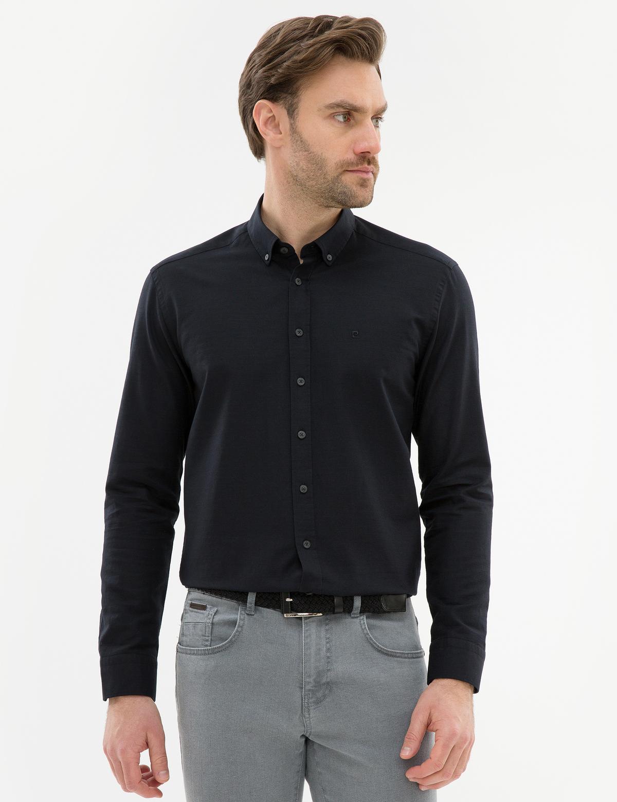 Siyah Slim Fit Keten Karışımlı Gömlek