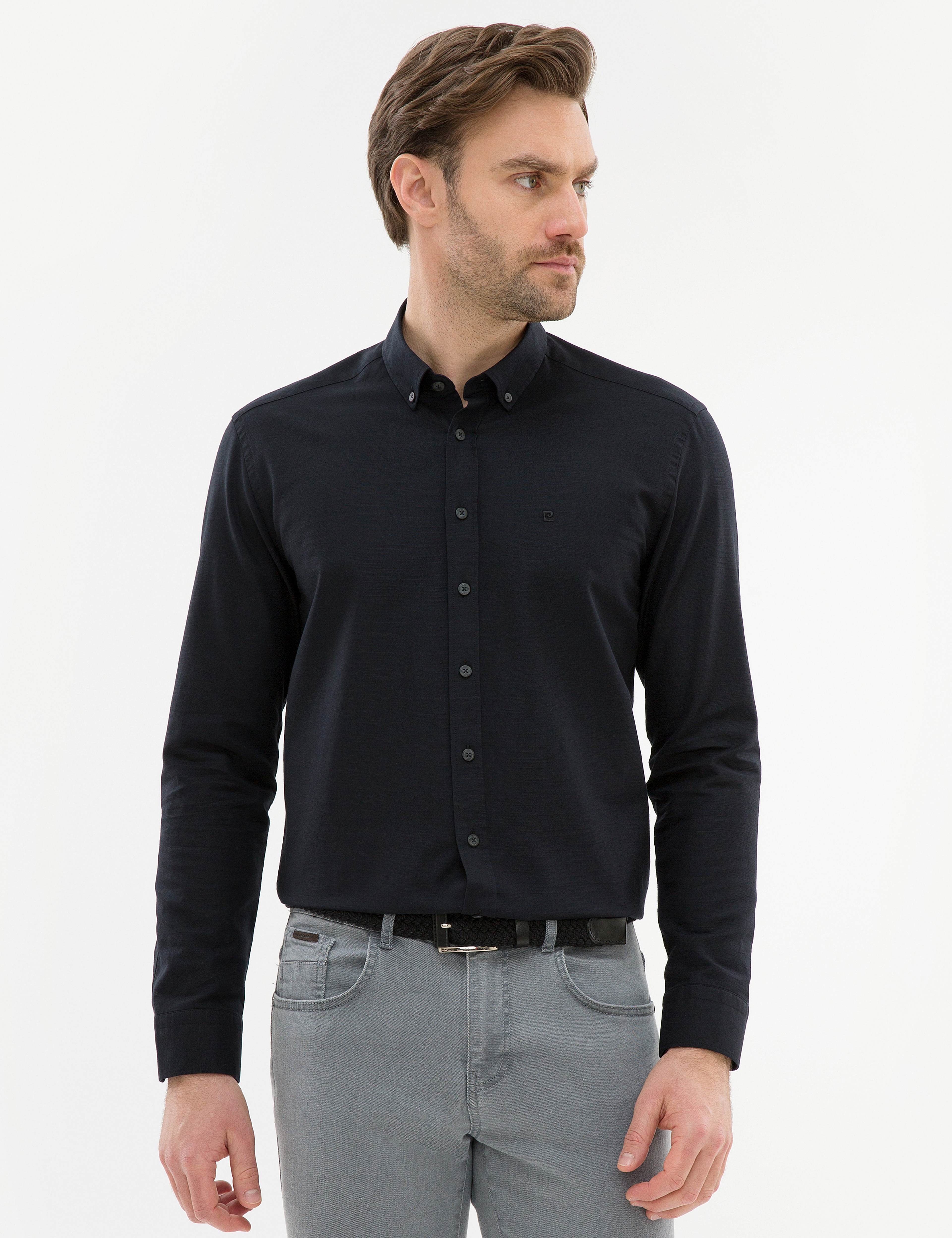 Siyah Slim Fit Keten Karışımlı Gömlek - Image 1