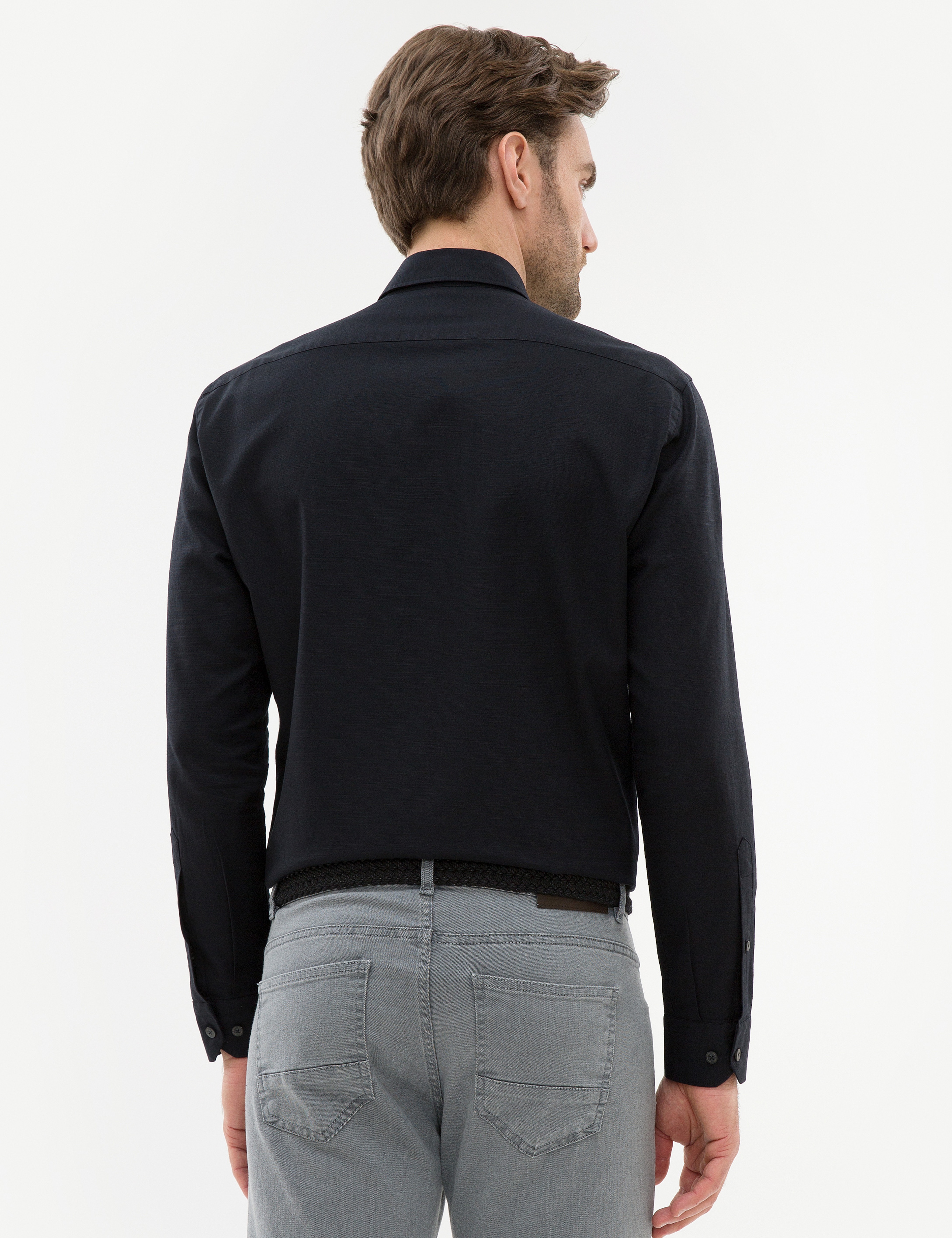 Siyah Slim Fit Keten Karışımlı Gömlek - Image 3