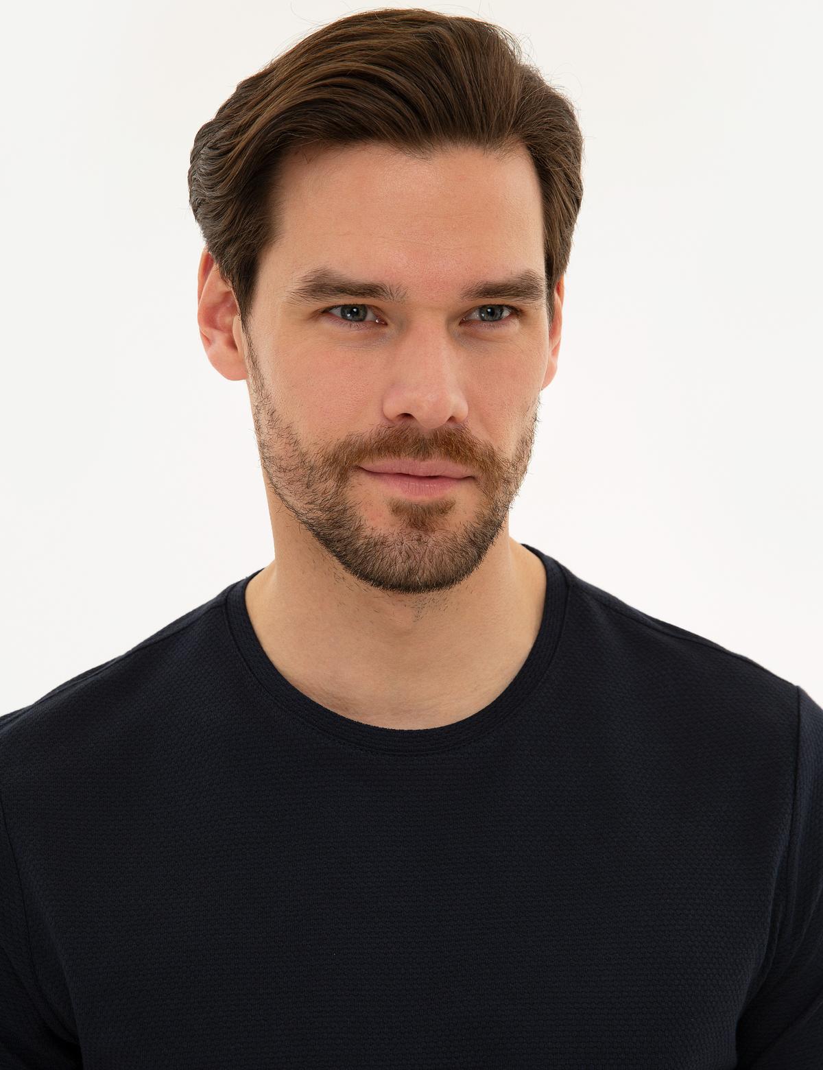 Koyu Lacivert Slim Fit Bisiklet Yaka Tişört - 50218553043