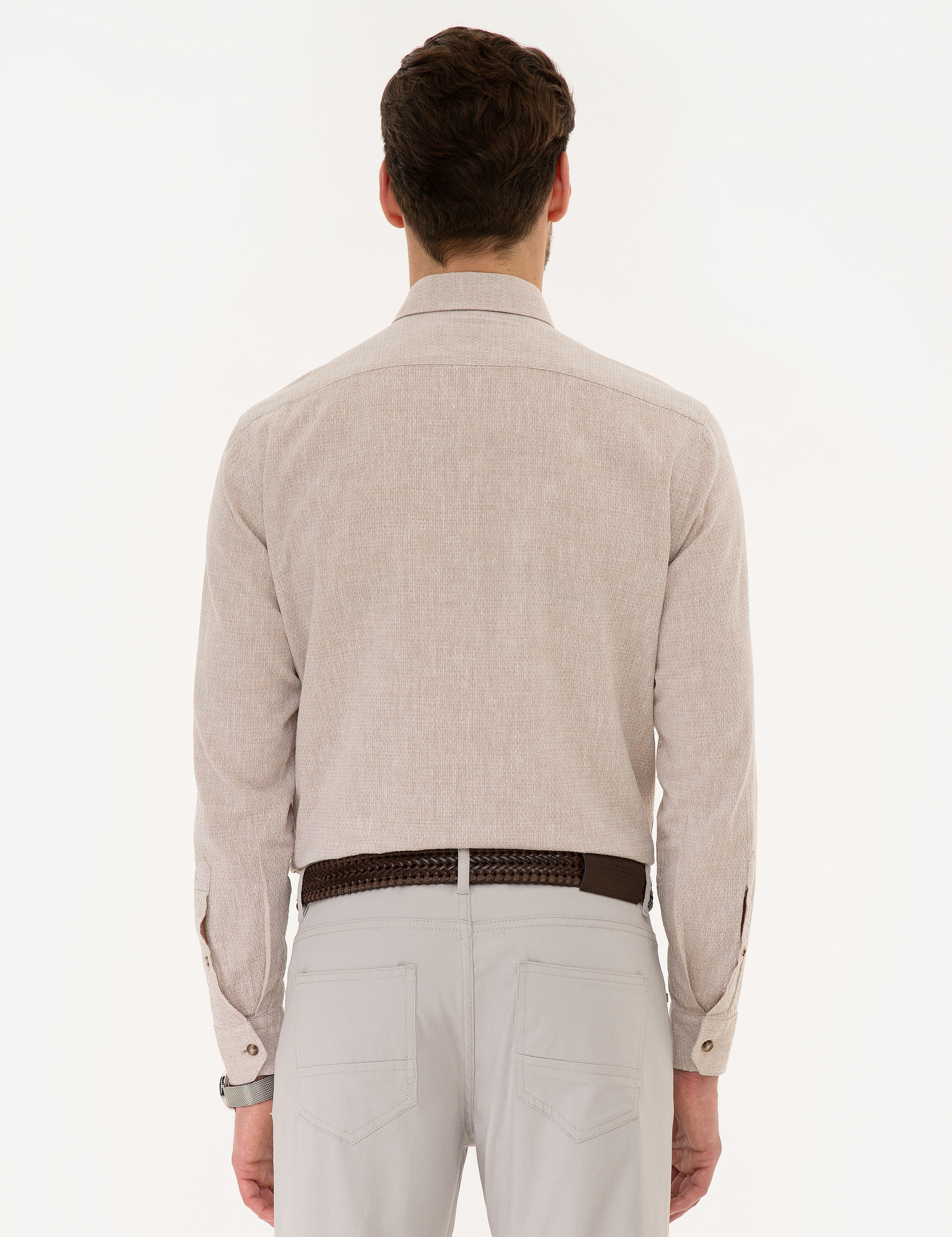 Bej Regular Fit Keten Karışımlı Gömlek - Image 3