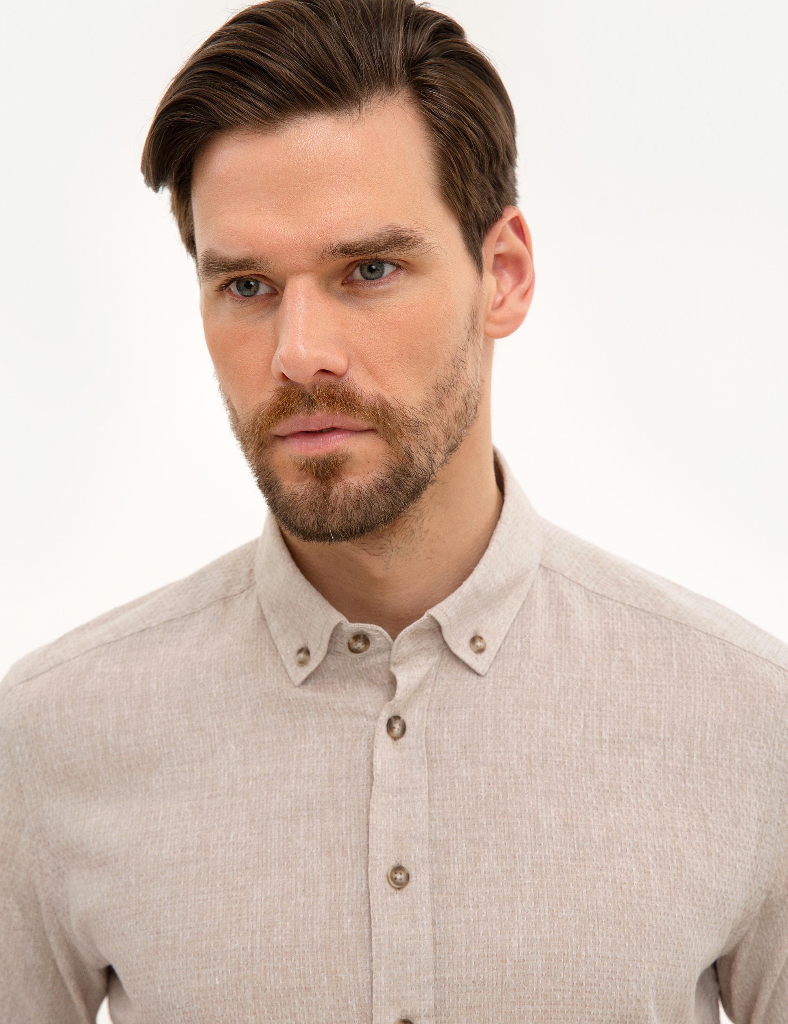 Bej Regular Fit Keten Karışımlı Gömlek