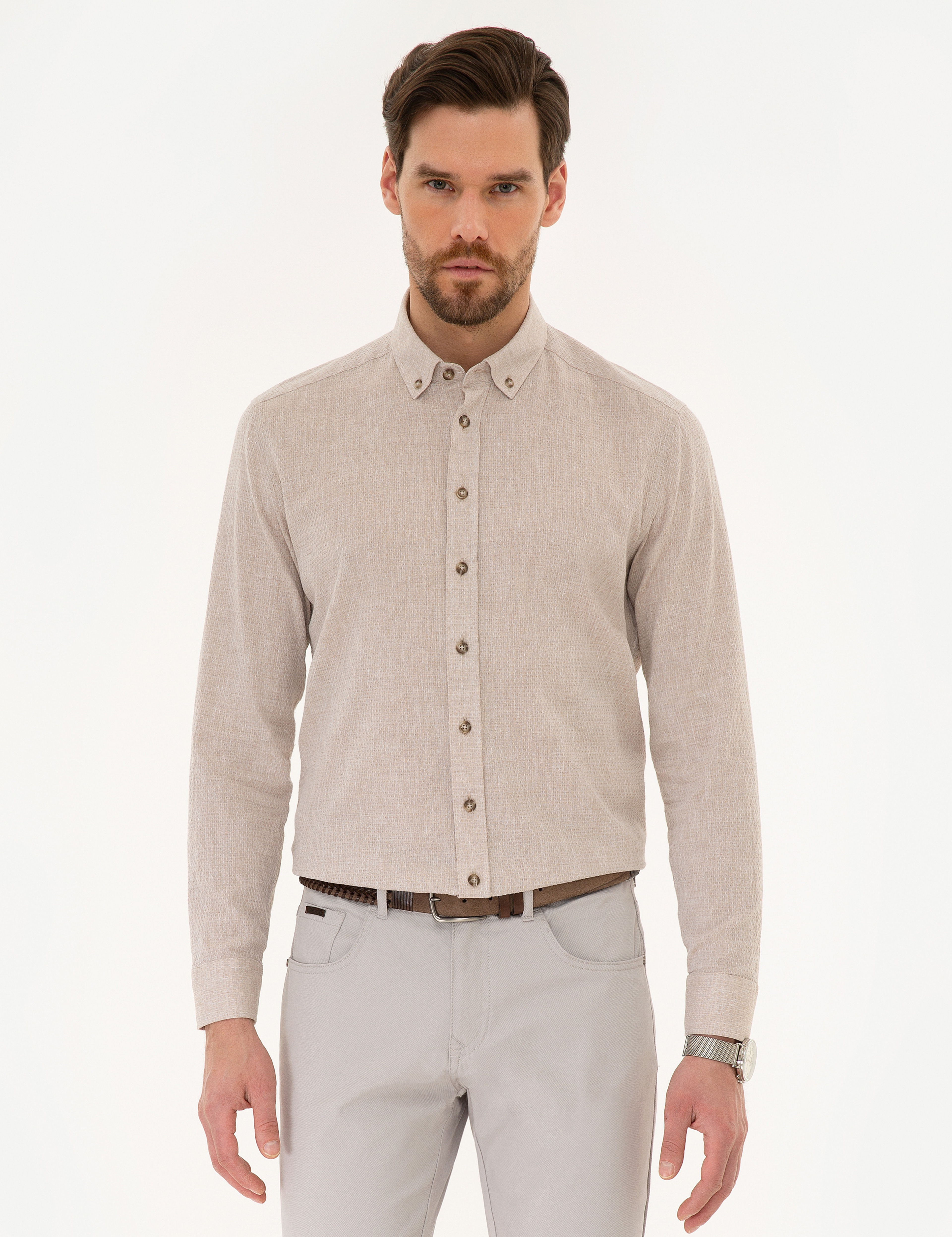 Bej Regular Fit Keten Karışımlı Gömlek - Image 1
