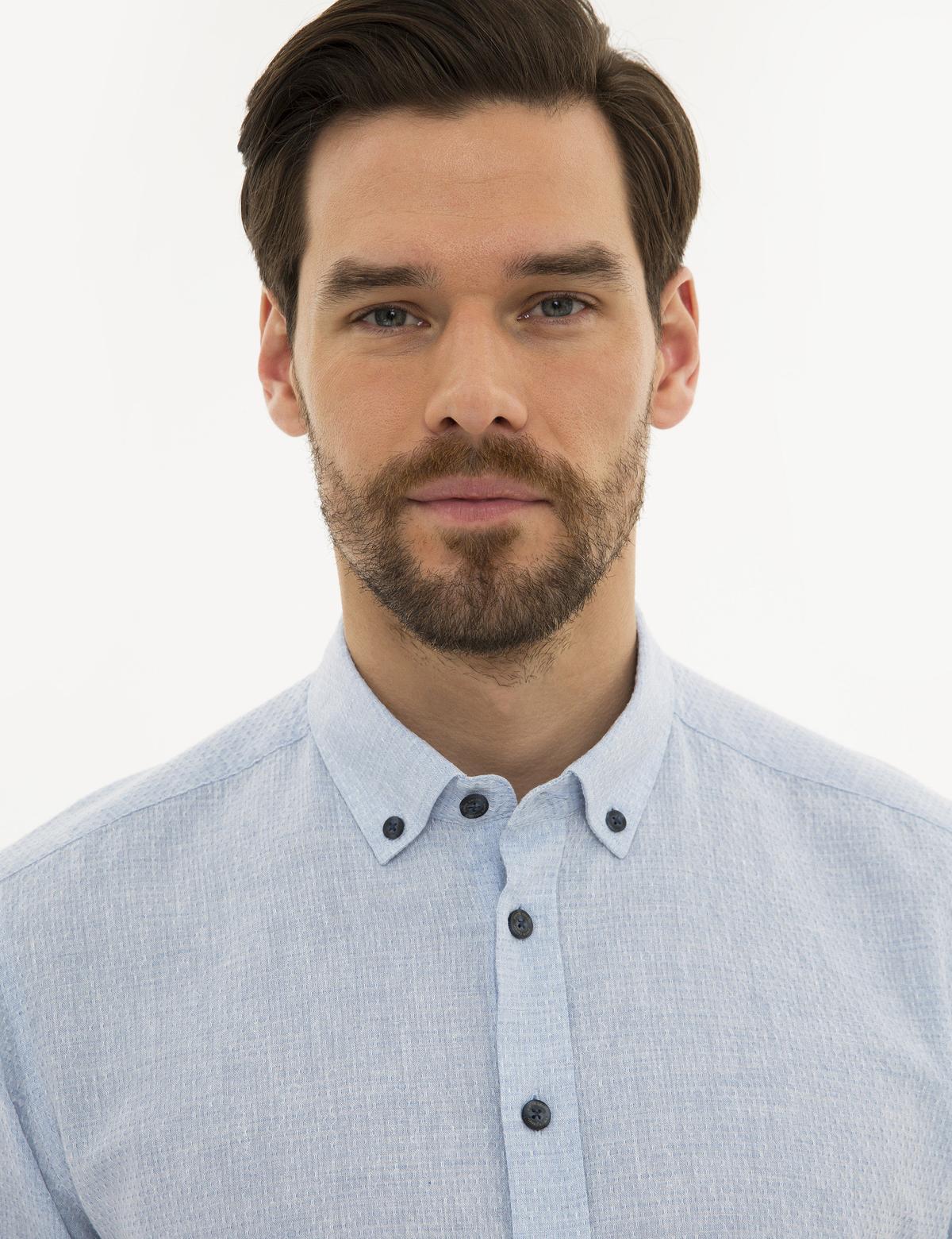 Açık Mavi Regular Fit Keten Karışımlı Gömlek - 50220195015