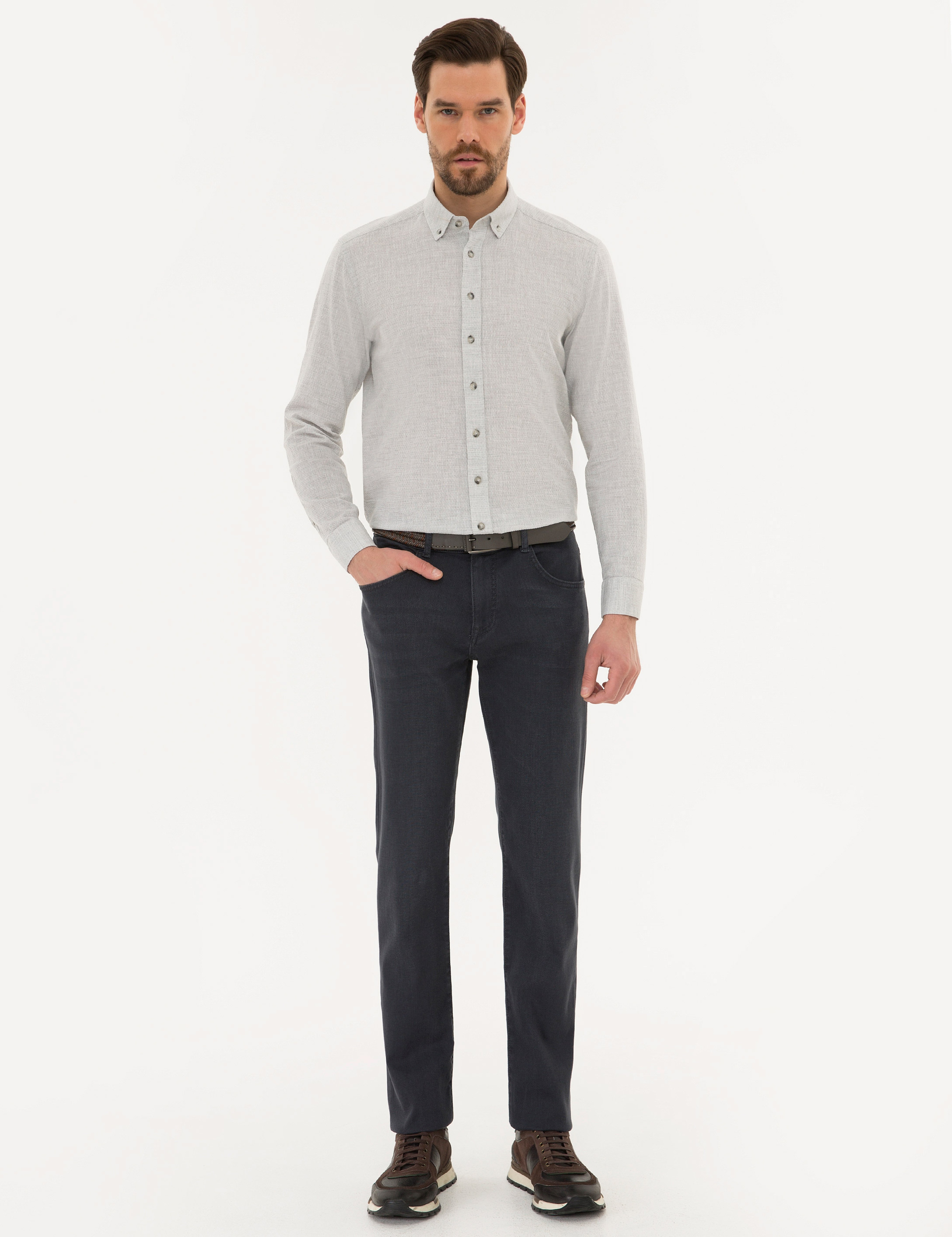 Gri Regular Fit Keten Karışımlı Gömlek - Image 4
