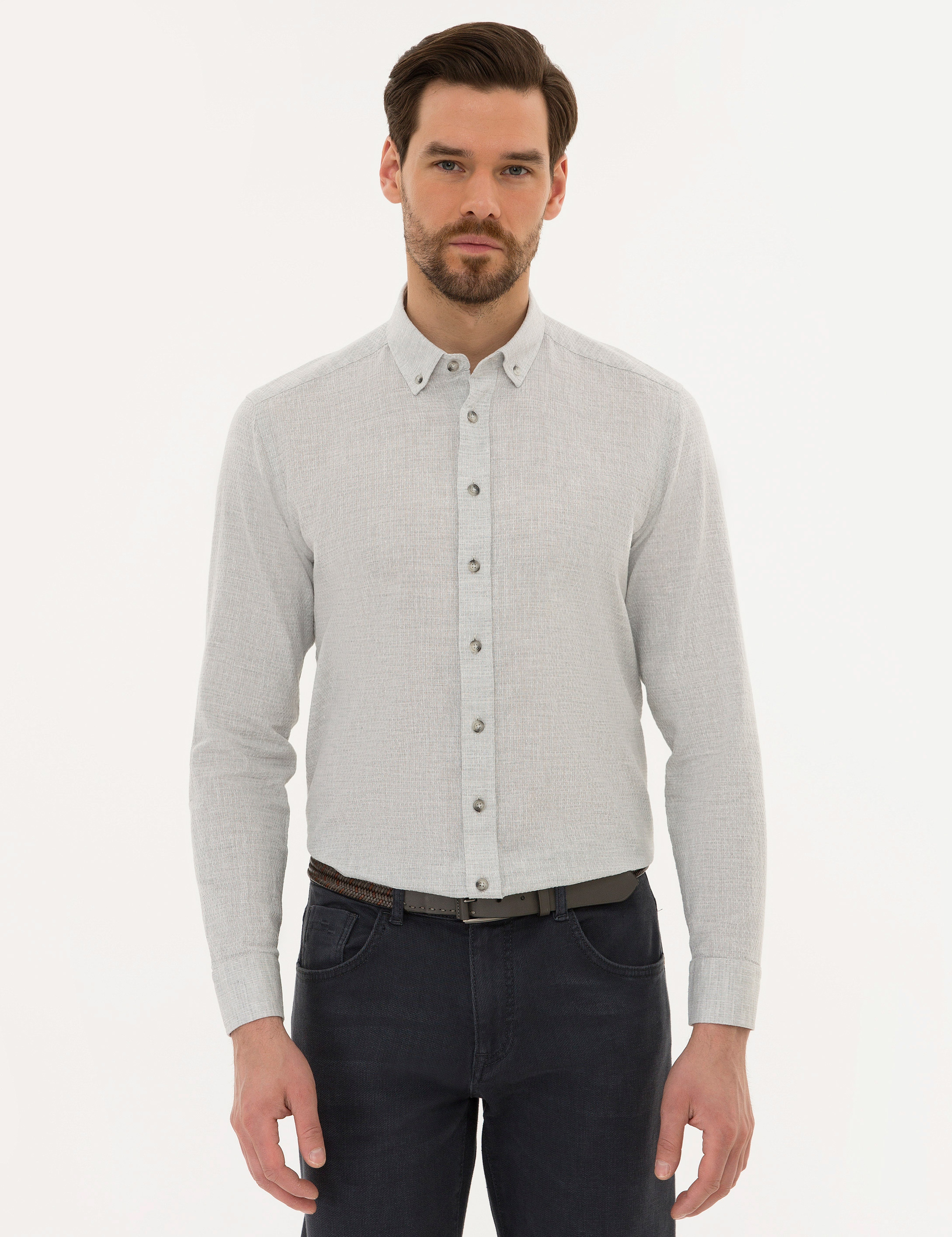 Gri Regular Fit Keten Karışımlı Gömlek - Image 1