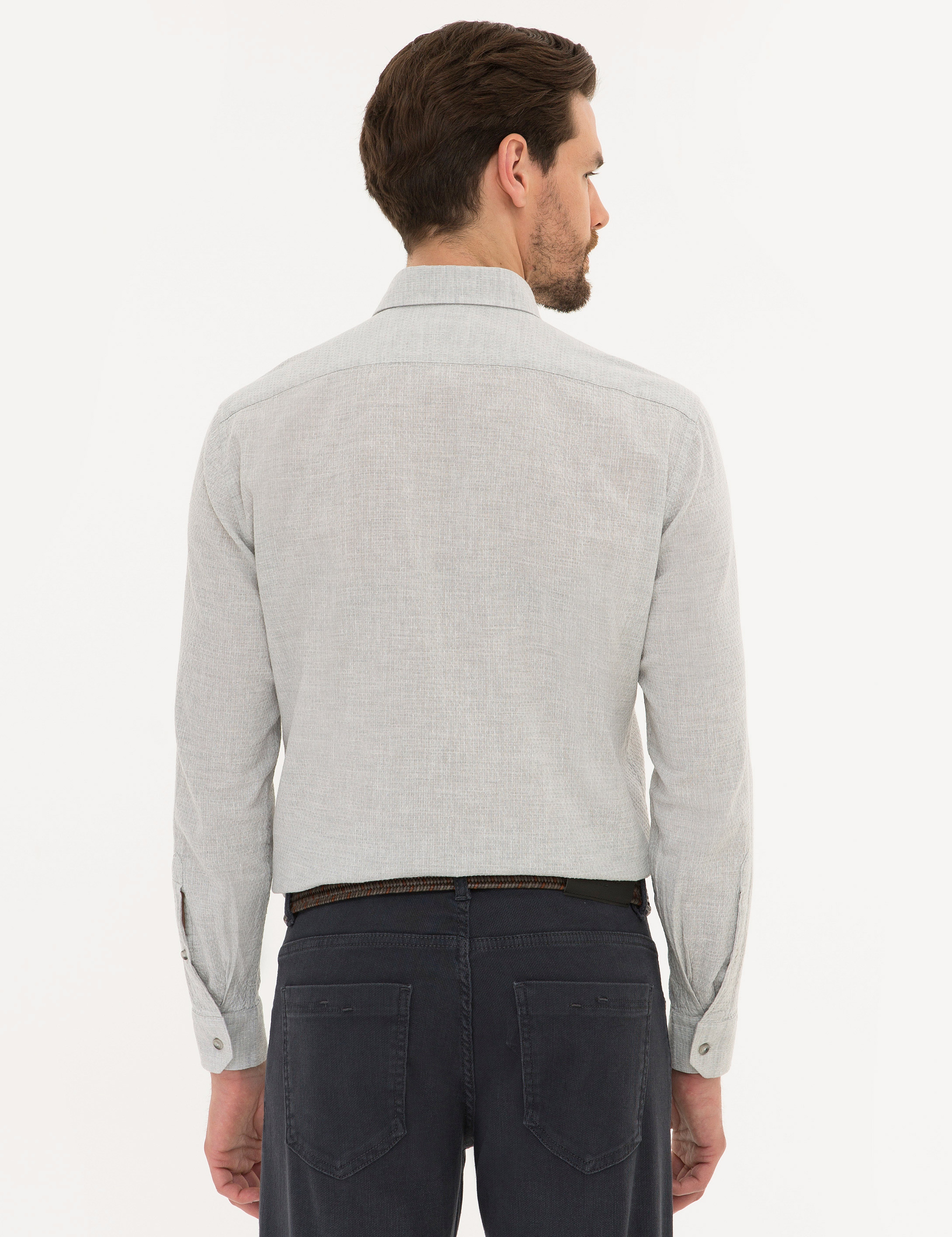 Gri Regular Fit Keten Karışımlı Gömlek - Image 3