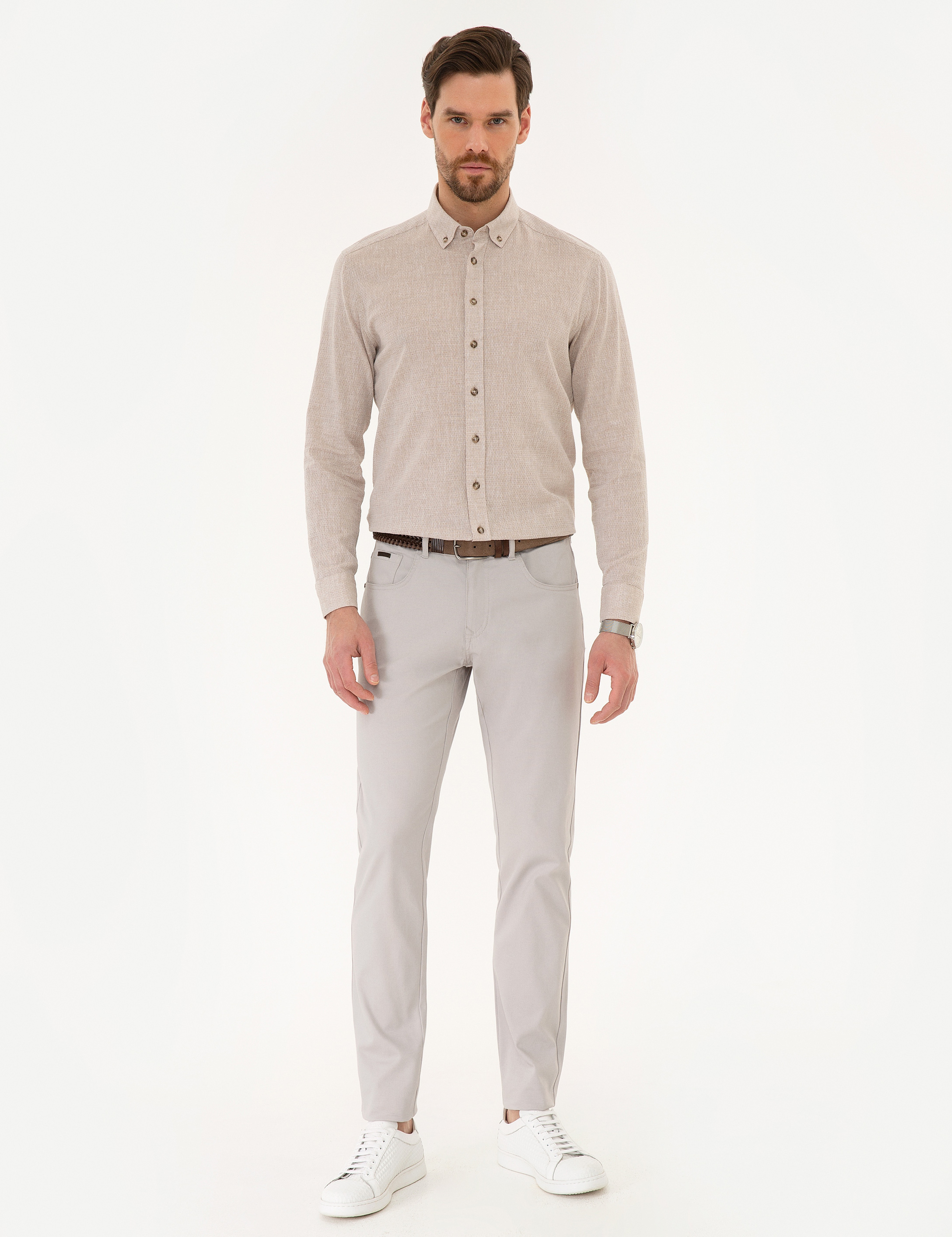 Bej Regular Fit Keten Karışımlı Gömlek - Image 4