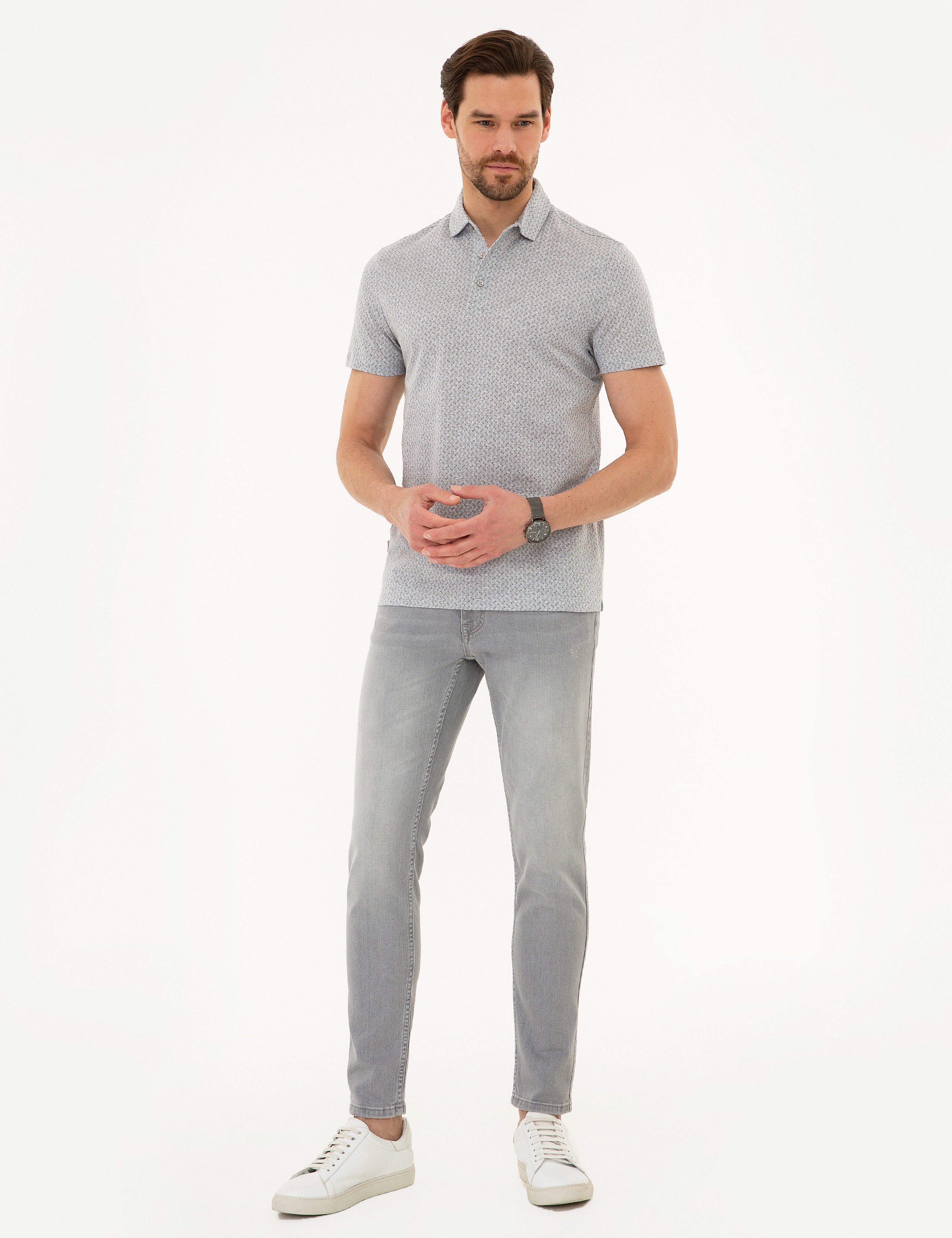 Açık Gri Slim Fit Merserize Polo Yaka Tişört - Image 4