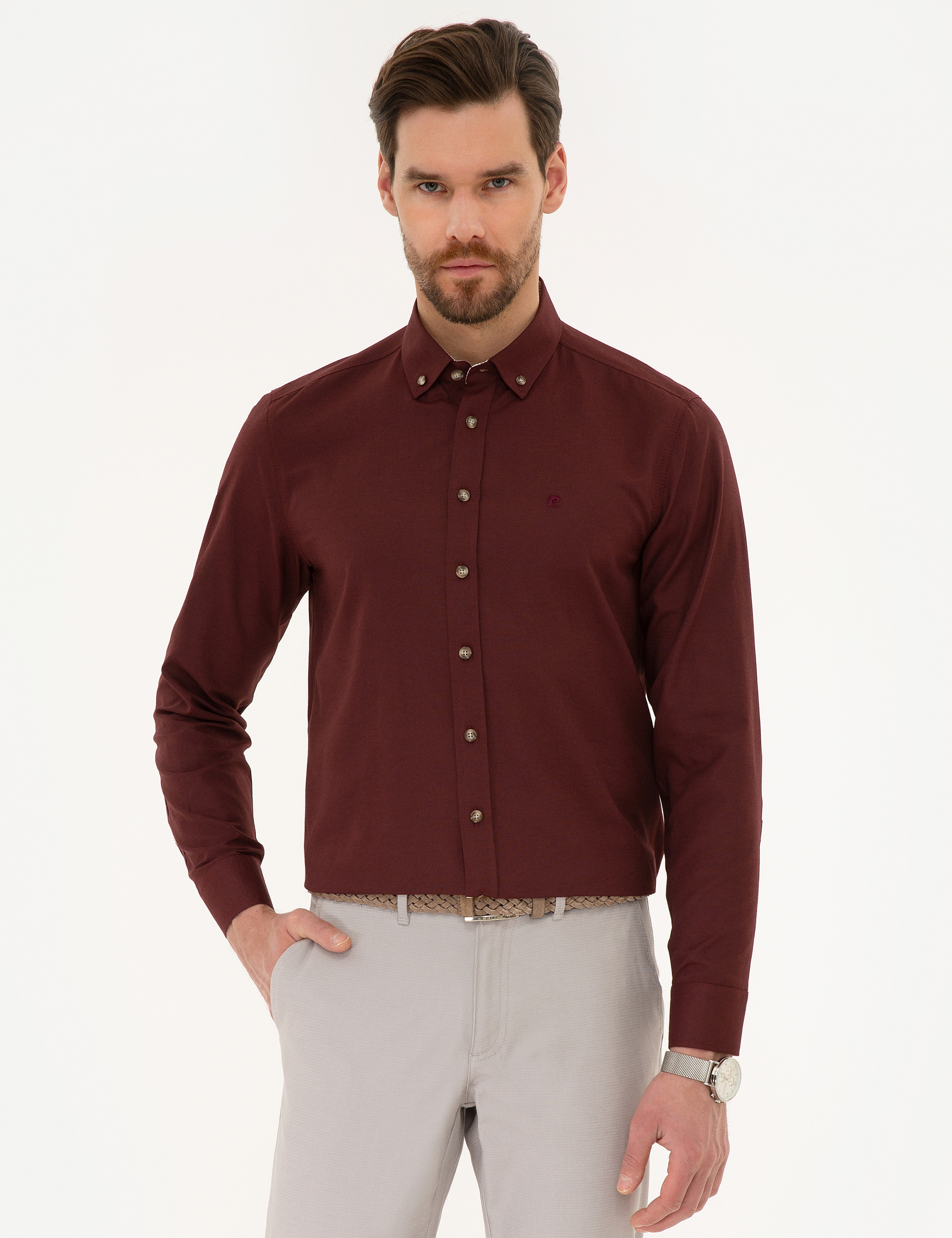Bordo Slim Fit Uzun Kollu Gömlek