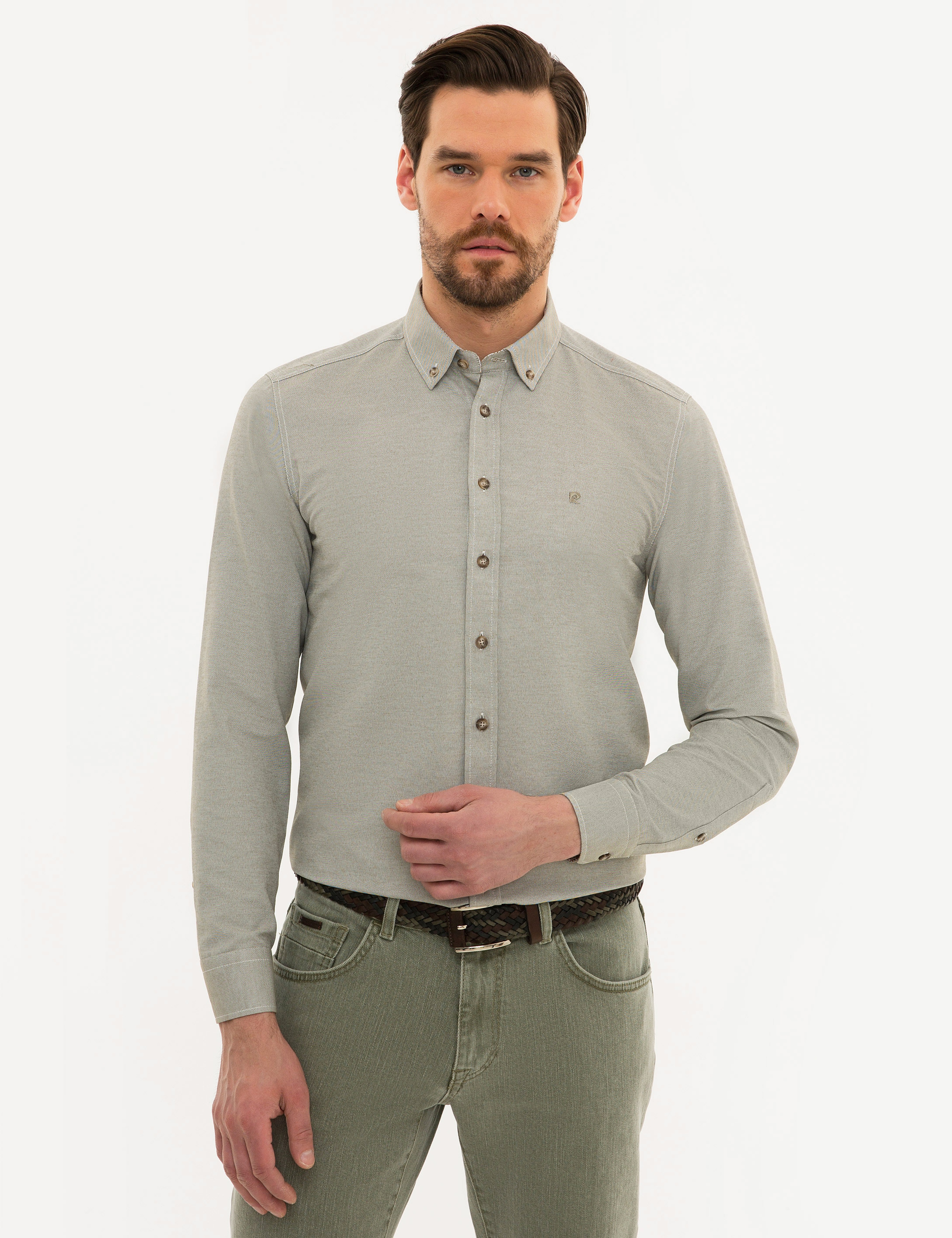 Haki Slim Fit Oxford Gömlek - Image 1