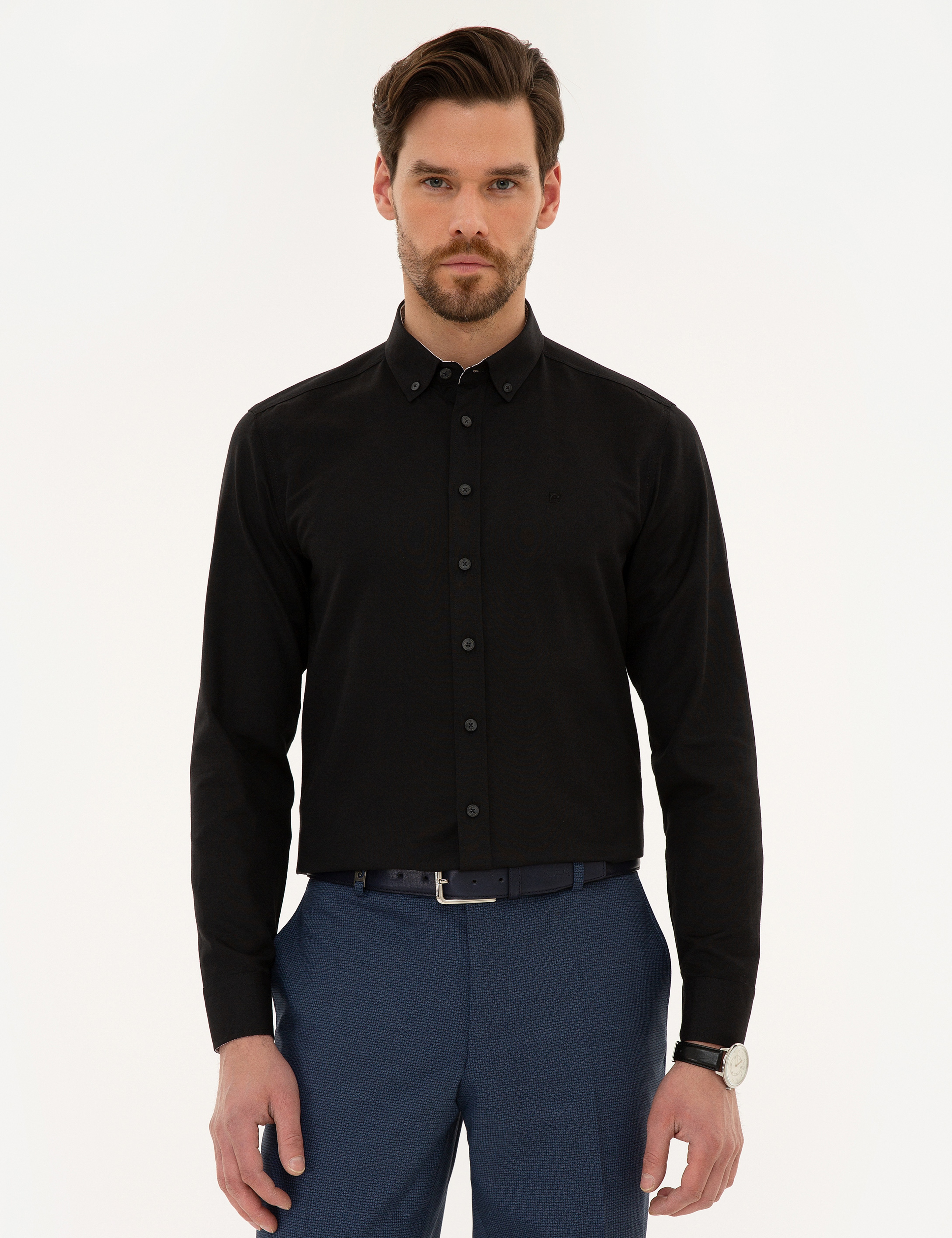 Siyah Slim Fit Oxford Gömlek - Image 2