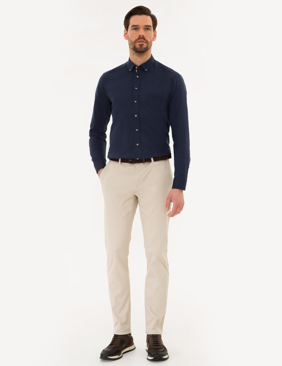 Lacivert Slim Fit Keten Karışımlı Gömlek - 50220171002