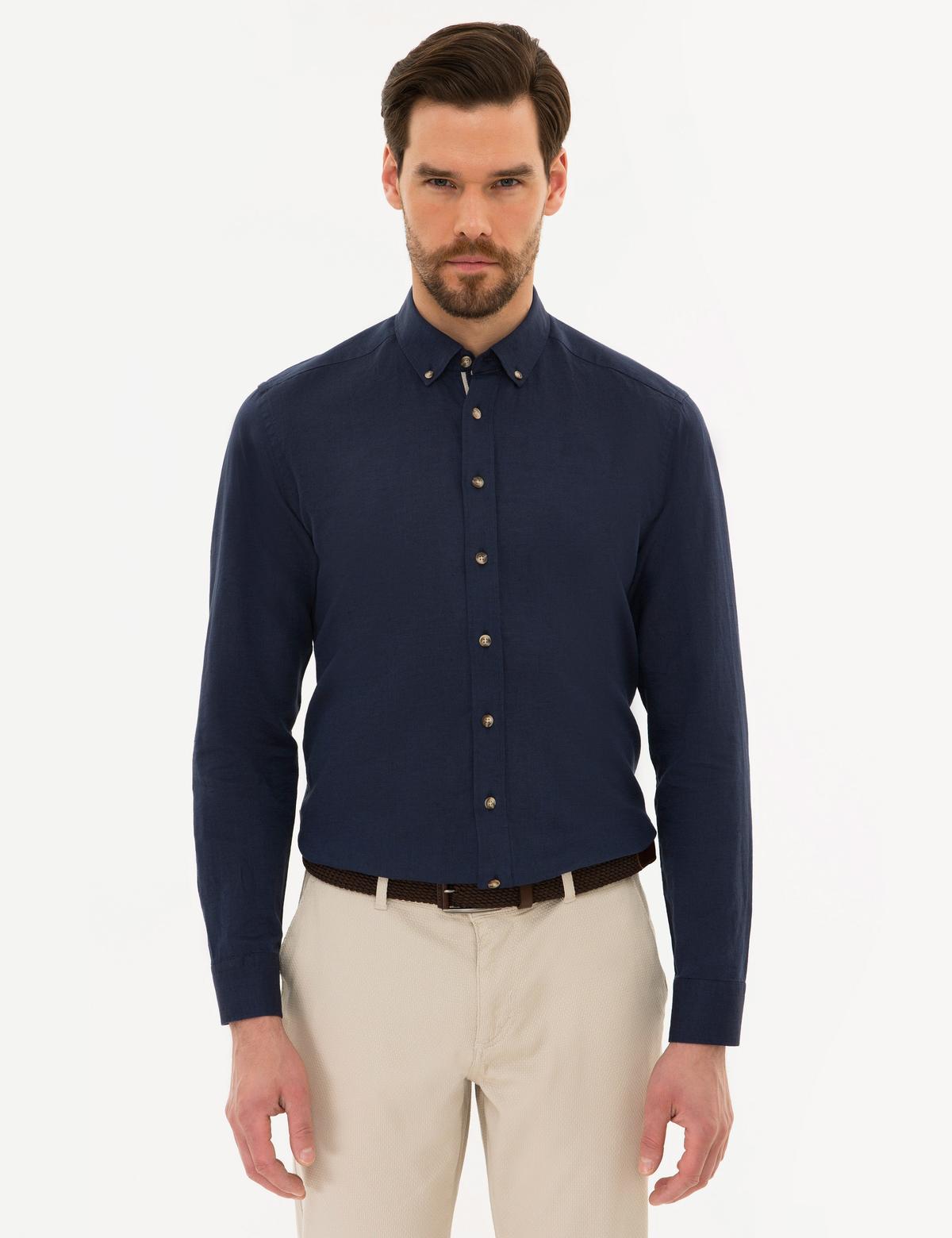 Lacivert Slim Fit Keten Karışımlı Gömlek