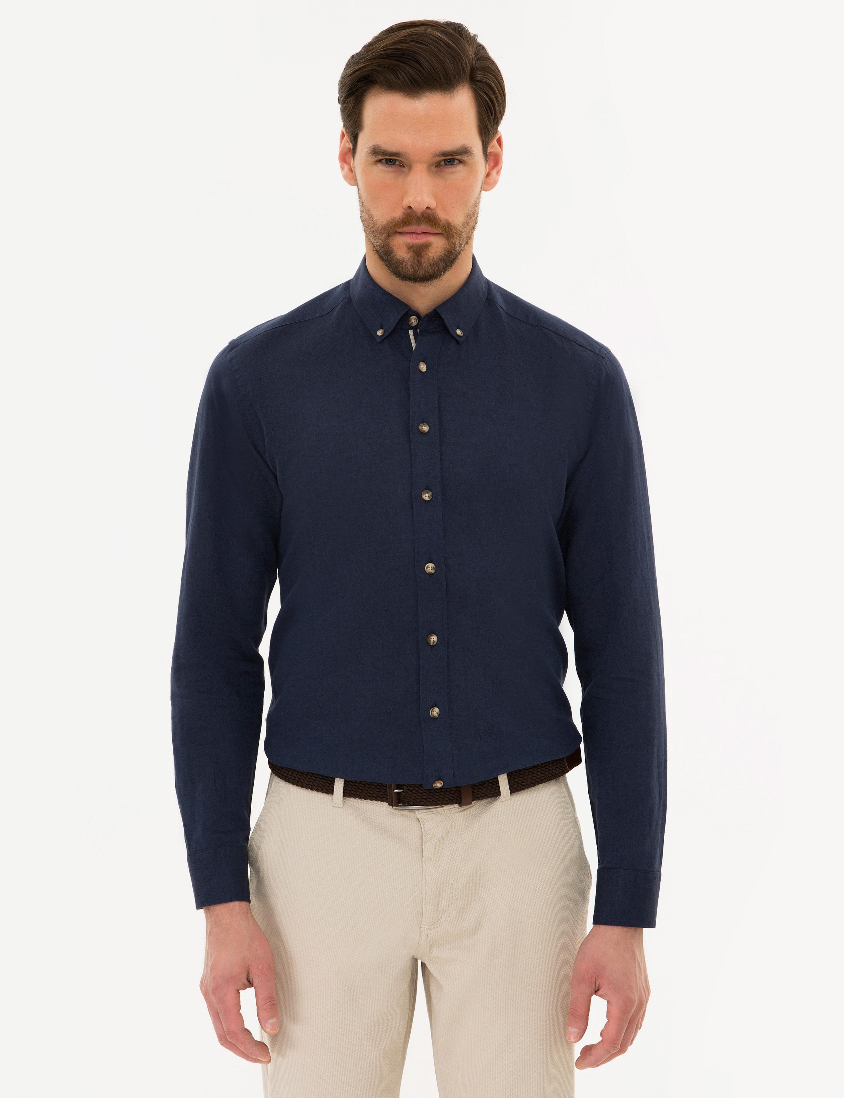 Lacivert Slim Fit Keten Karışımlı Gömlek