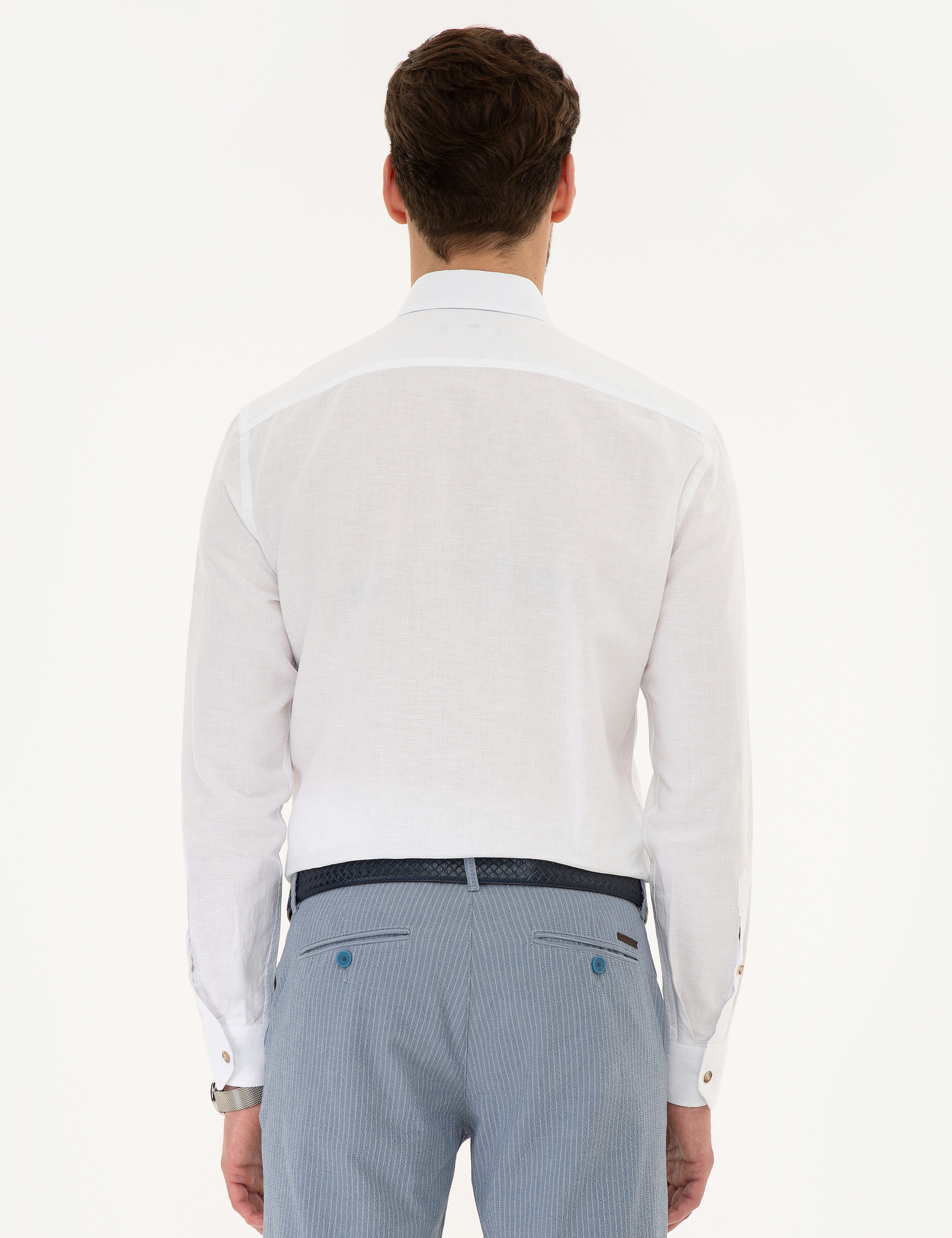 Beyaz Slim Fit Keten Karışımlı Gömlek - Image 3