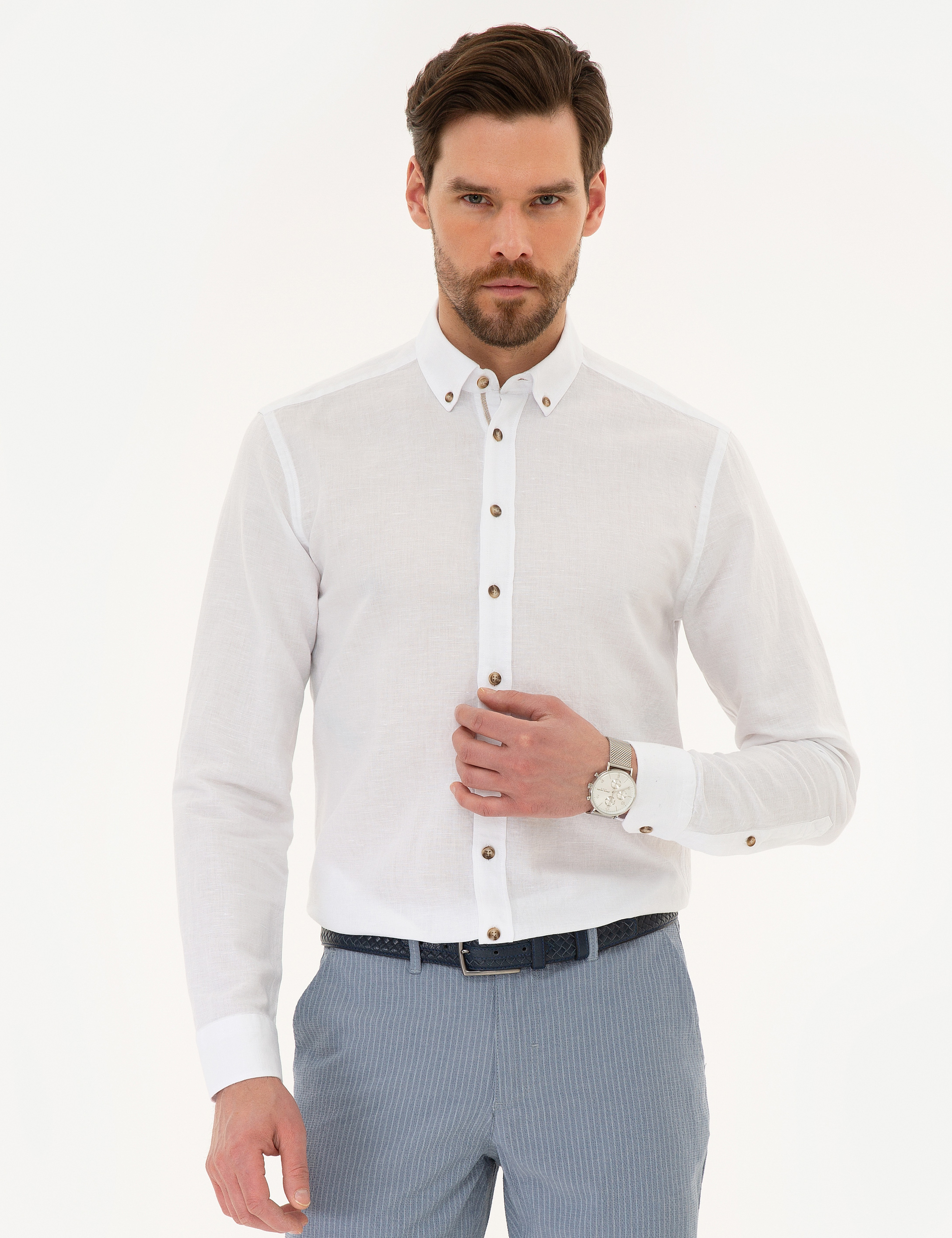 Beyaz Slim Fit Keten Karışımlı Gömlek - Image 1