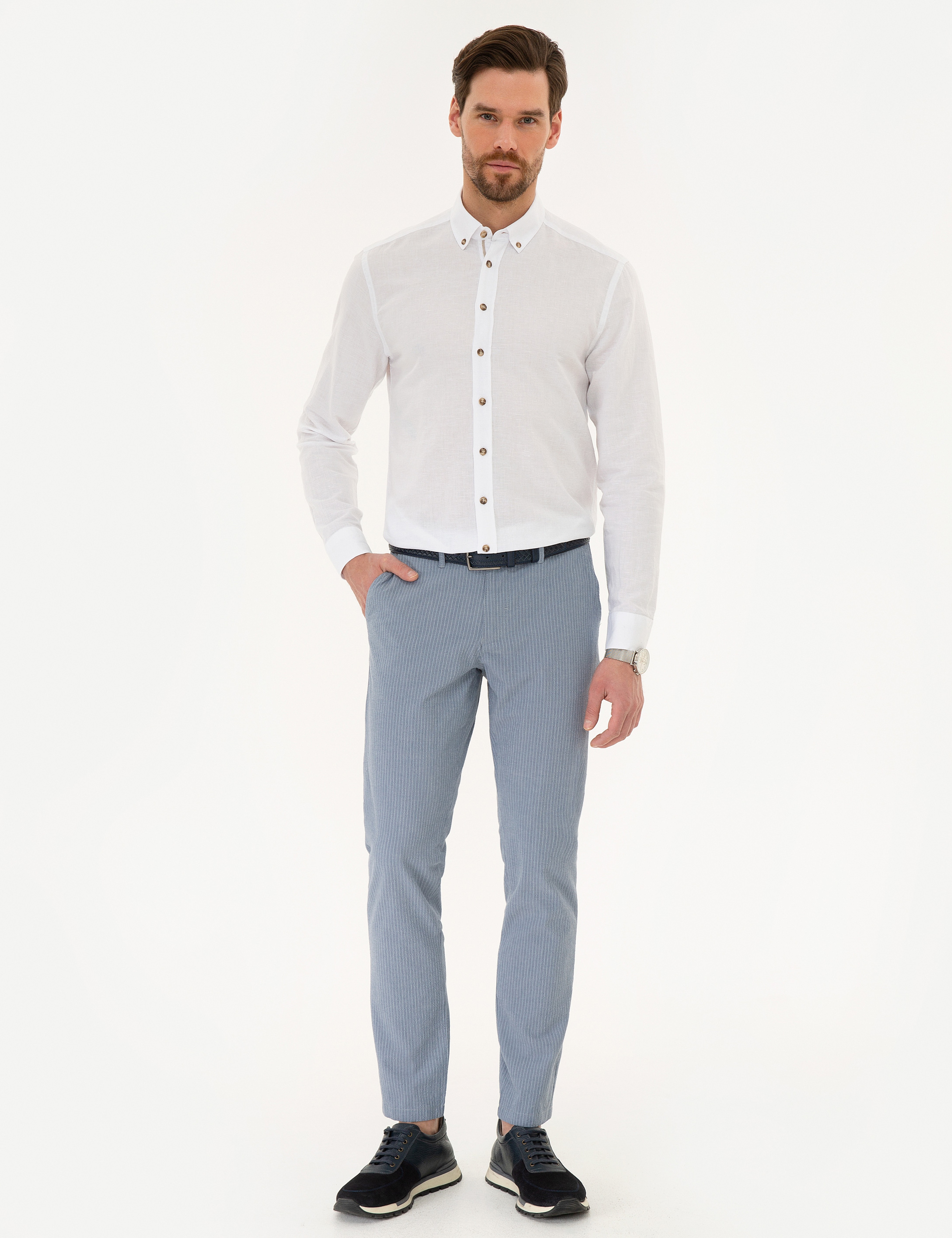 Beyaz Slim Fit Keten Karışımlı Gömlek