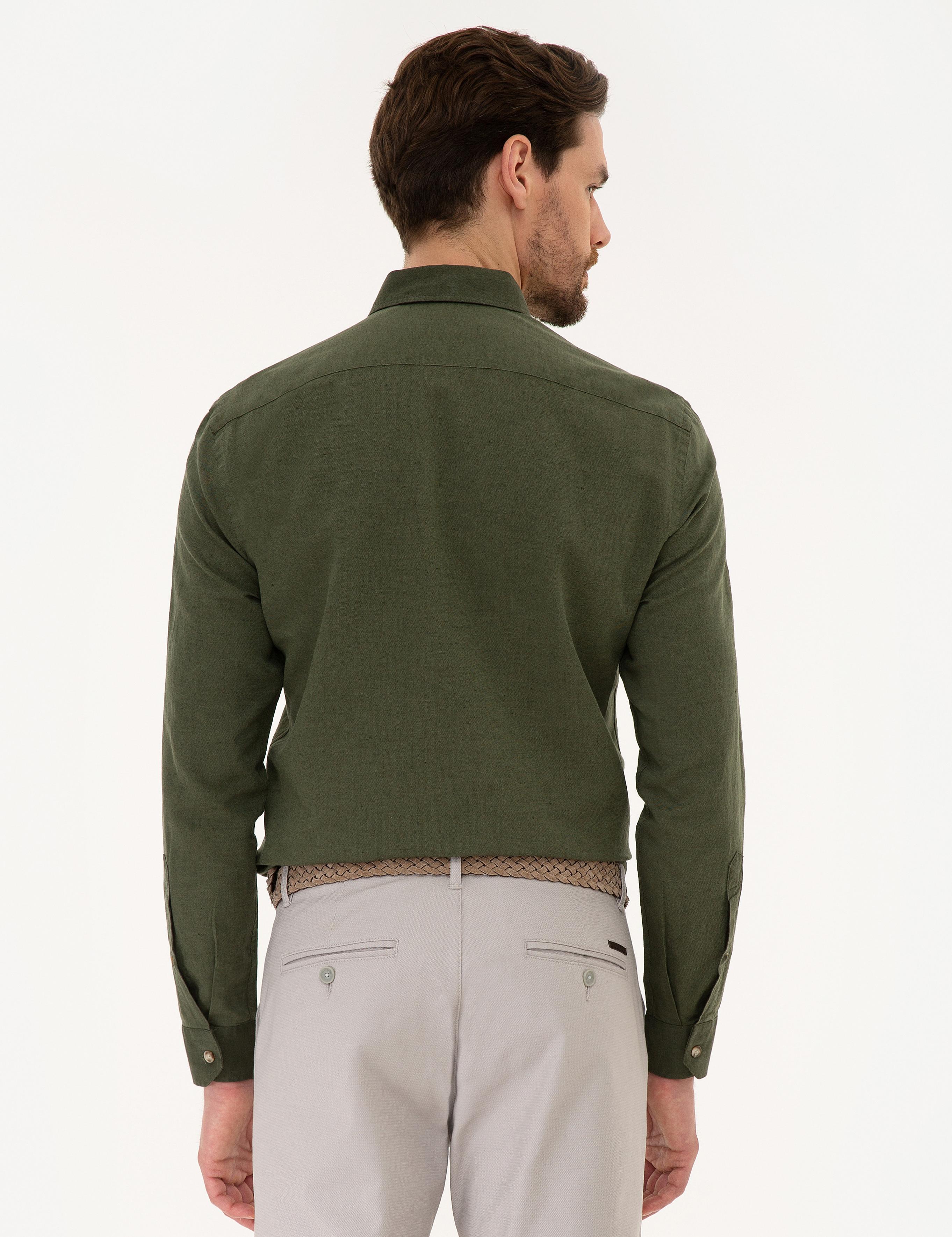 Haki Slim Fit Keten Karışımlı Gömlek