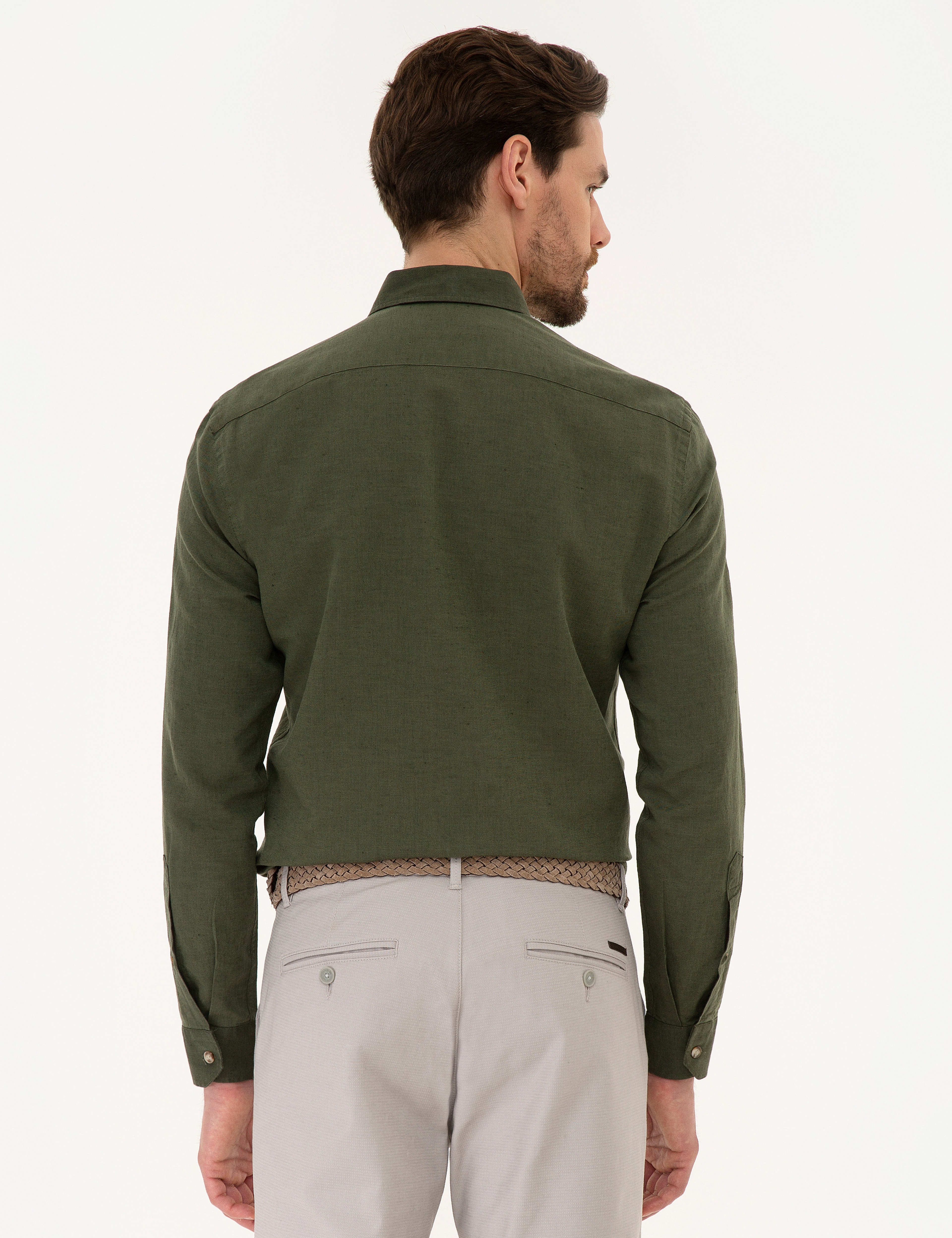 Haki Slim Fit Keten Karışımlı Gömlek - Image 3