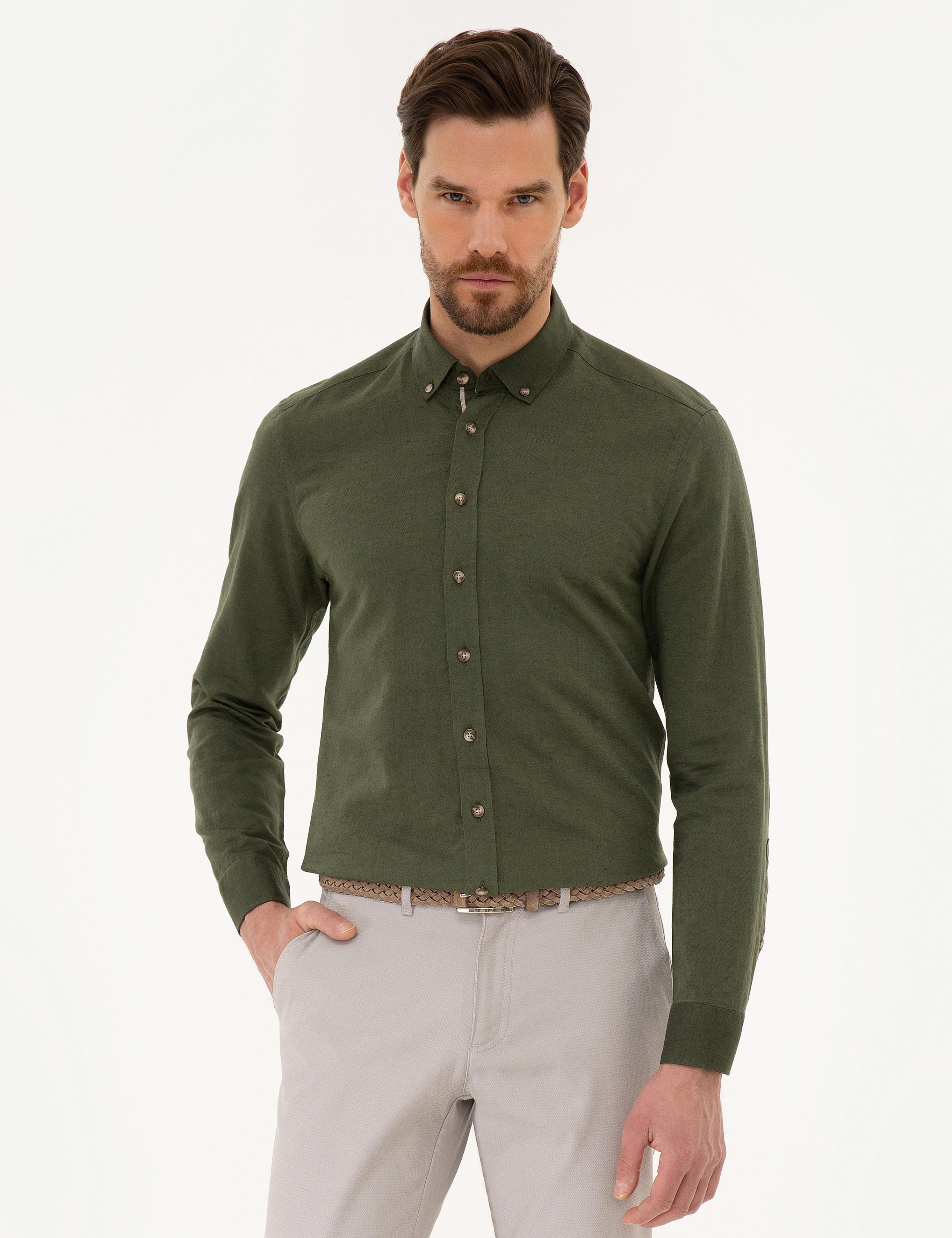 Haki Slim Fit Keten Karışımlı Gömlek