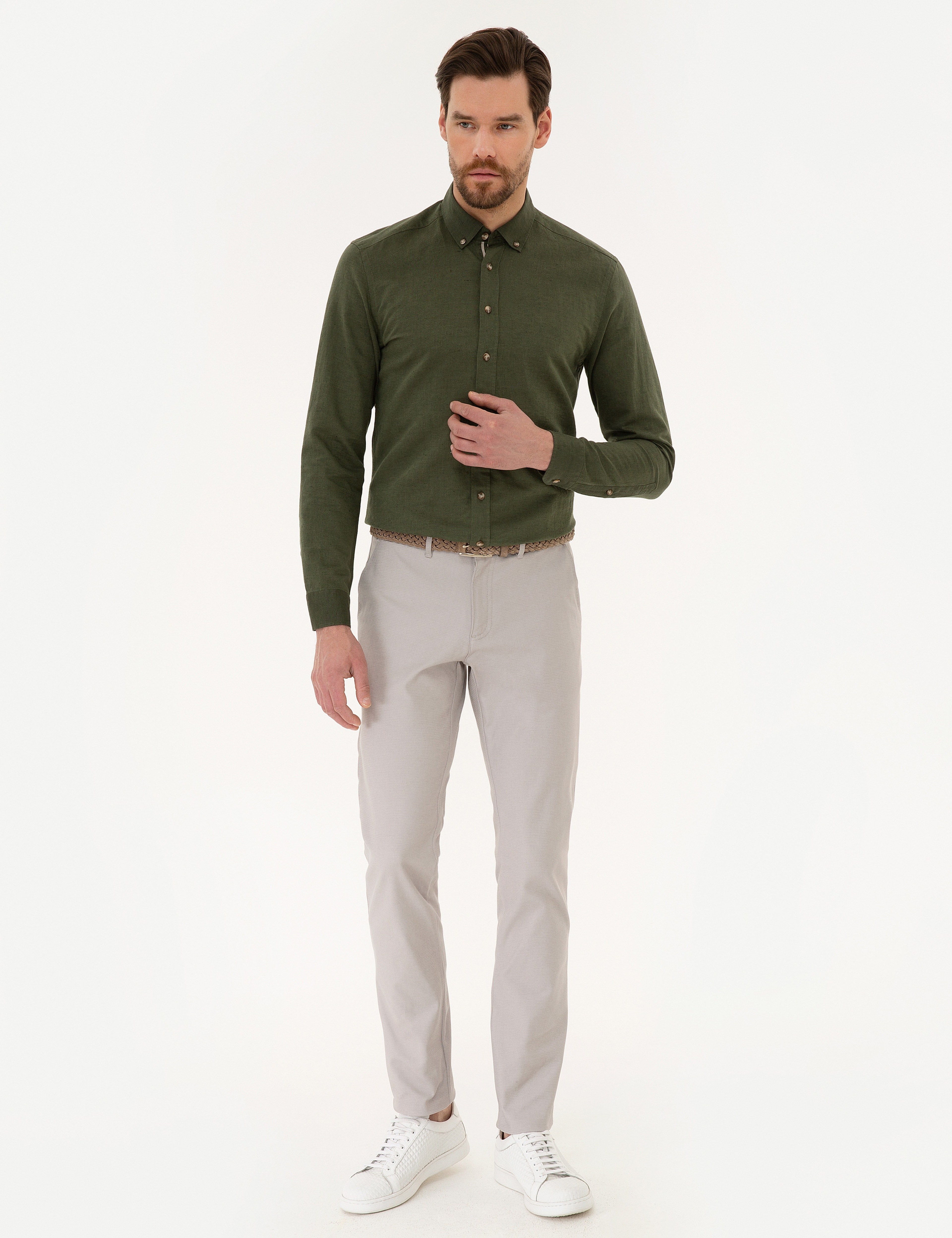Haki Slim Fit Keten Karışımlı Gömlek - Image 4
