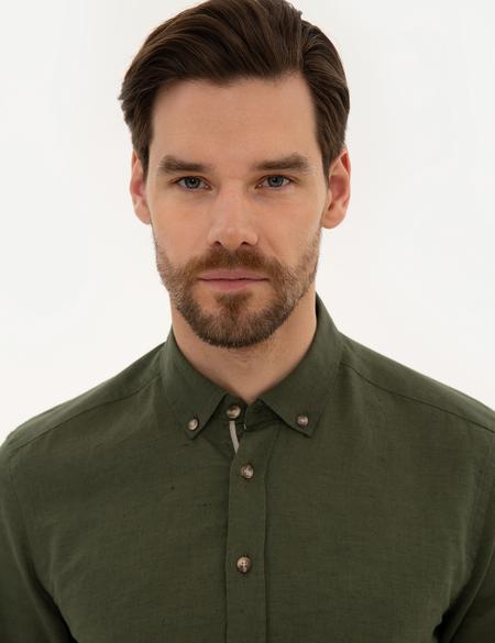 Haki Slim Fit Keten Karışımlı Gömlek - 50220171029