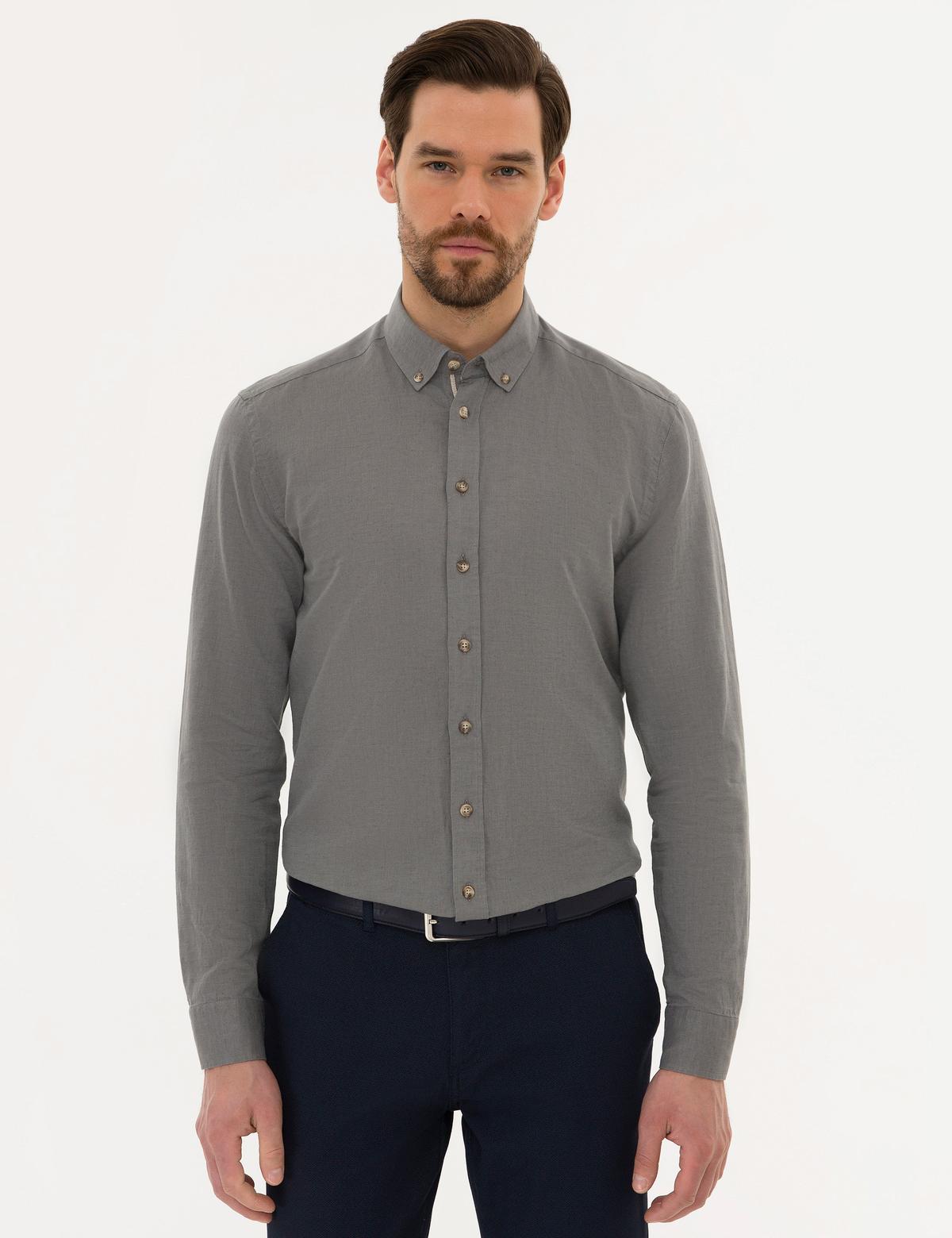 Gri Slim Fit Keten Karışımlı Gömlek