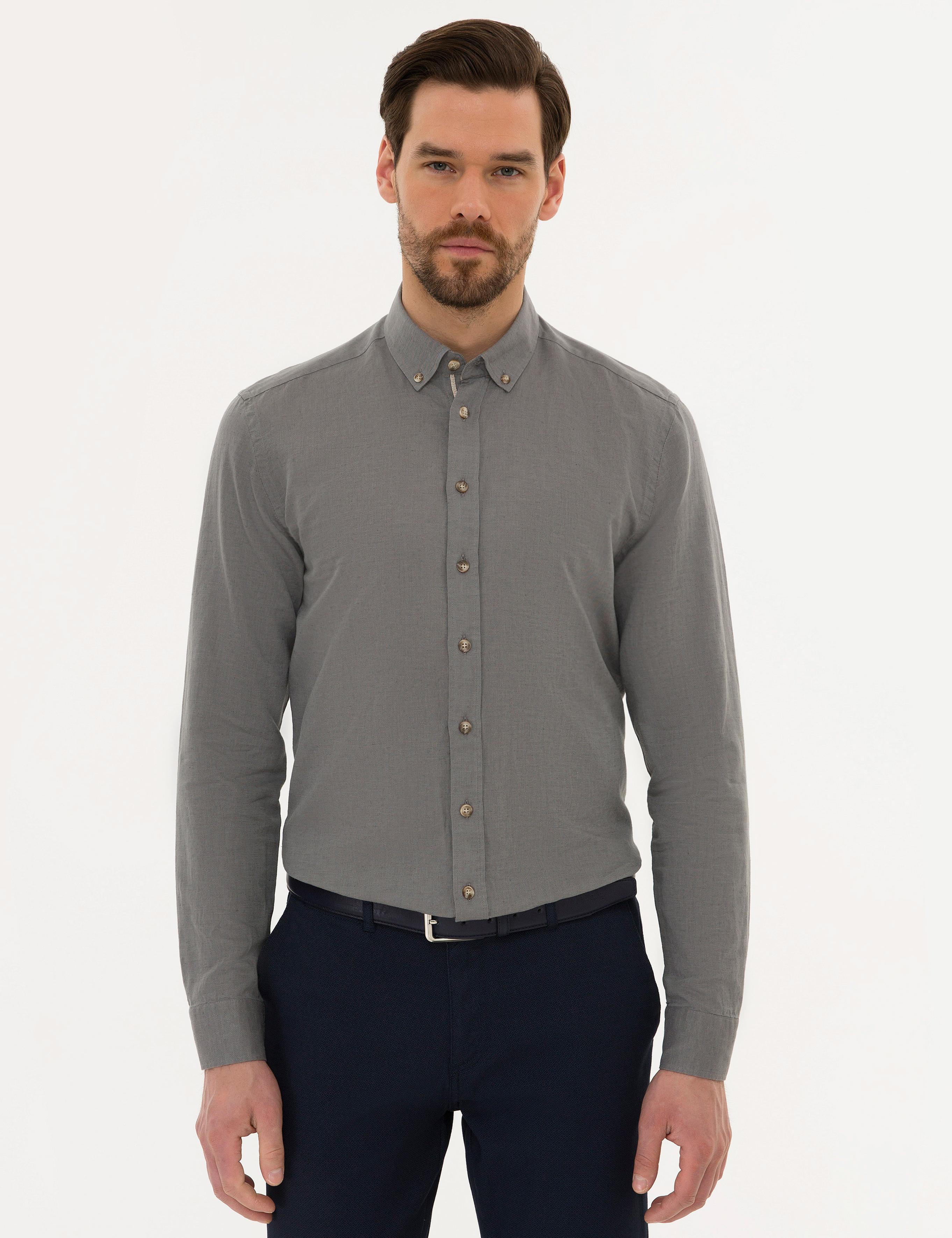Gri Slim Fit Keten Karışımlı Gömlek