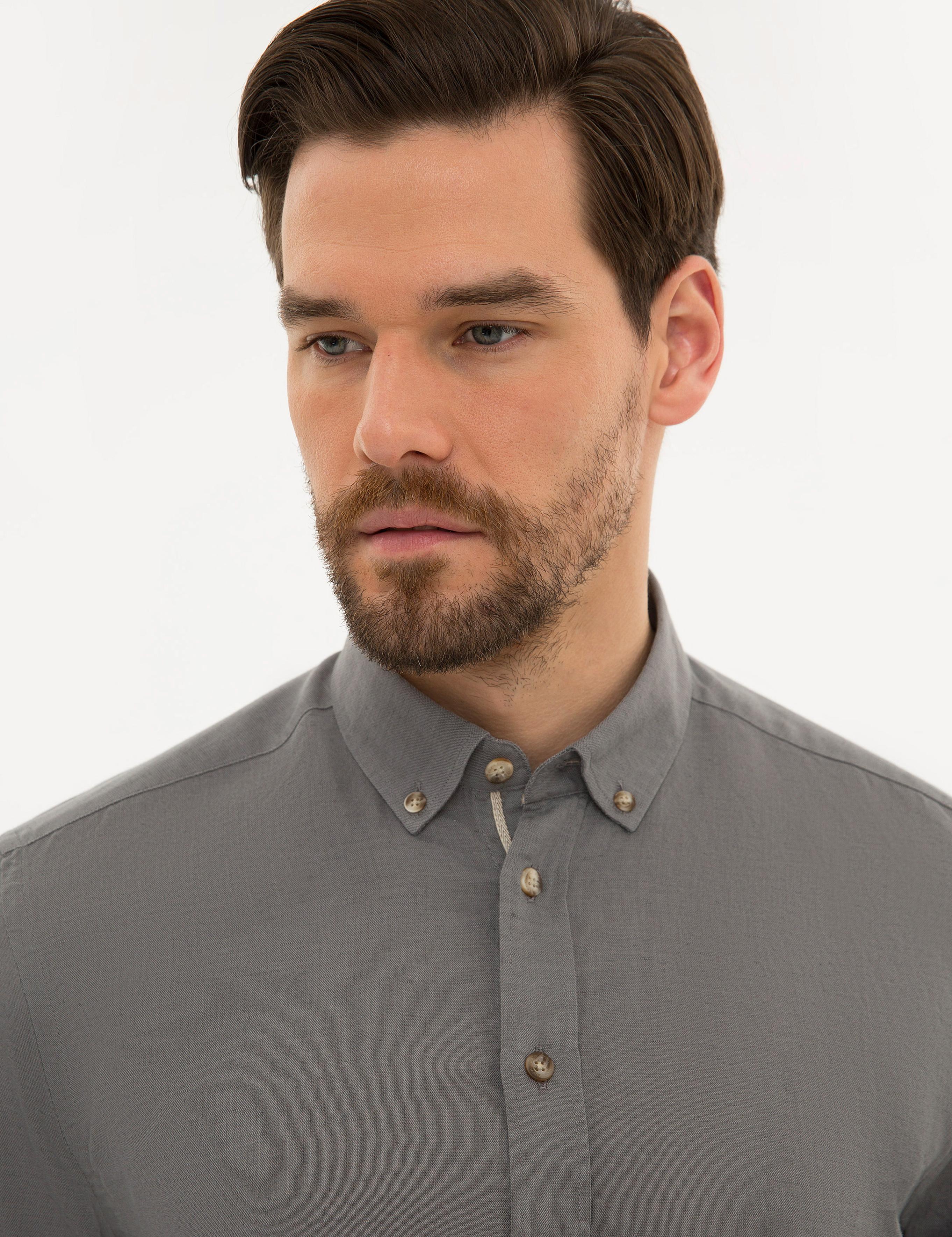 Gri Slim Fit Keten Karışımlı Gömlek