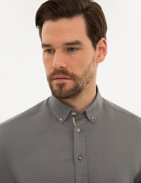 Gri Slim Fit Keten Karışımlı Gömlek - 50220171038