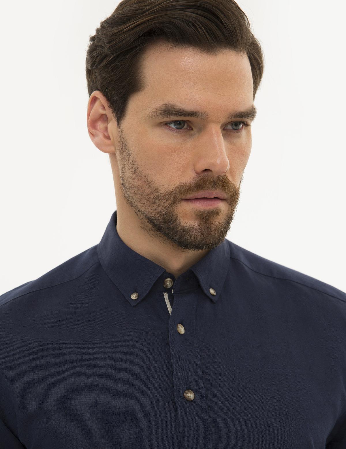 Lacivert Slim Fit Keten Karışımlı Gömlek - 50220171002