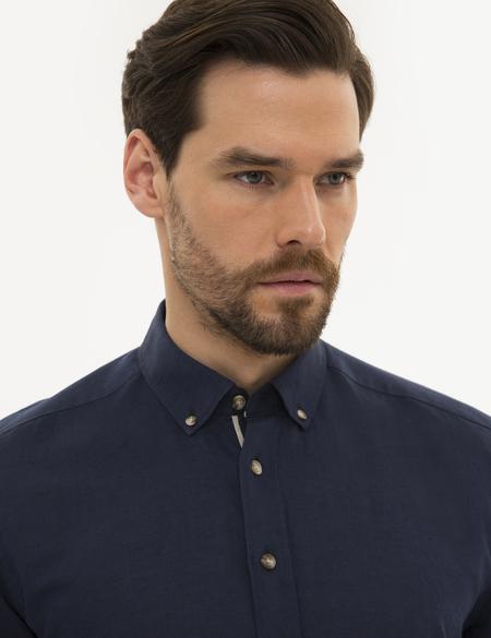 Lacivert Slim Fit Keten Karışımlı Gömlek - 50220171002